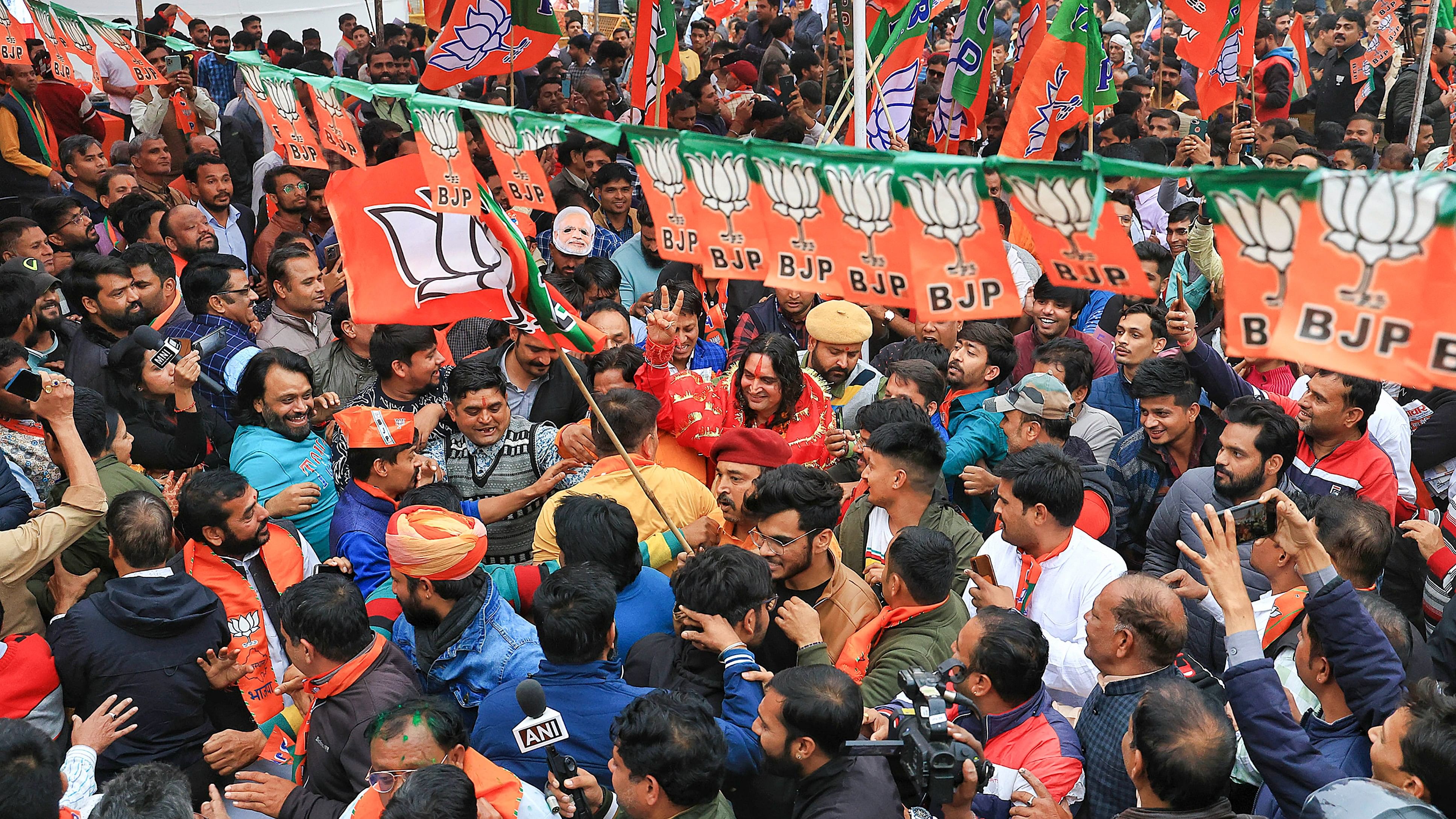 <div class="paragraphs"><p>BJP candidate Balmukund Acharya arrives at party office after his victory in Rajasthan Assembly elections, in Jaipur, Sunday, Dec. 3, 2023.</p></div>