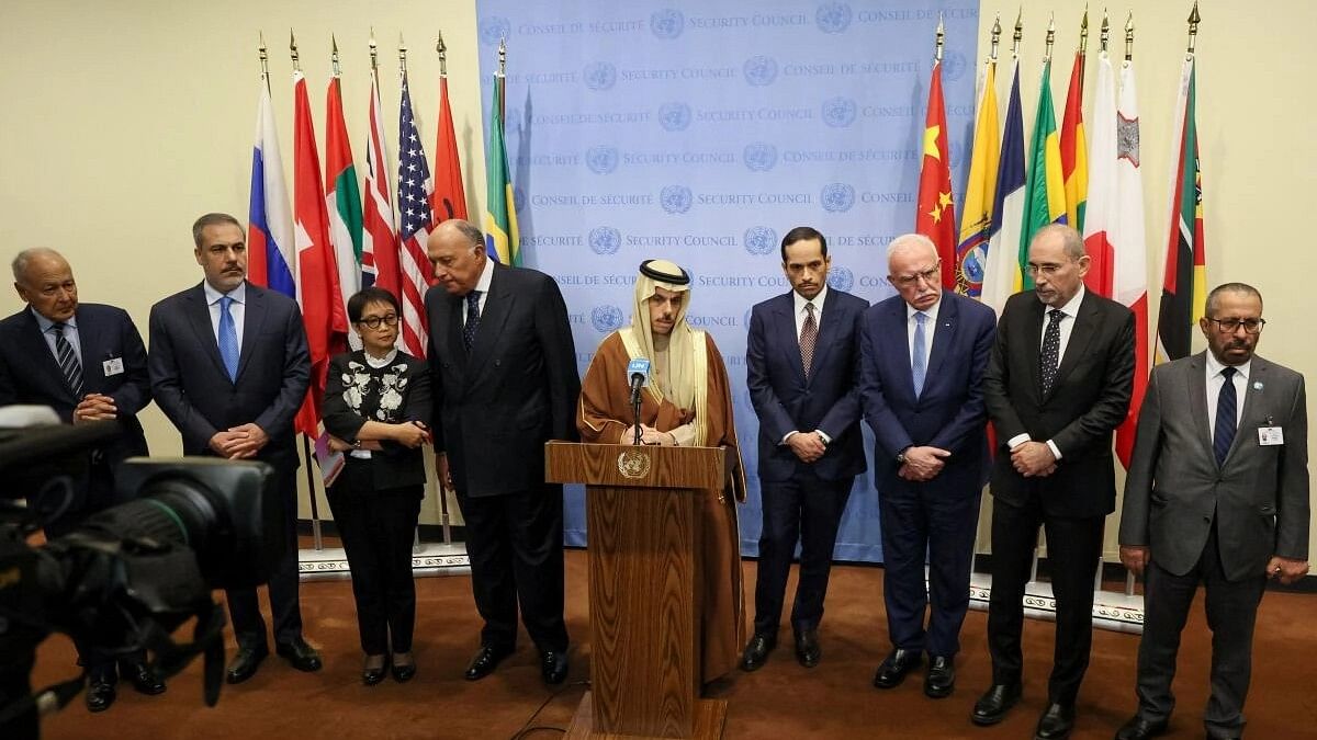<div class="paragraphs"><p>Turkish Foreign Minister Hakan Fidan, Indonesian Foreign Minister Retno Marsudi, Egyptian Foreign Minister Sameh Shoukry, Saudi Arabian Foreign Minister Prince Faisal bin Farhan Al Saud, Qatari Prime Minister Mohammed bin Abdulrahman bin Jassim Al Thani, Palestinian Foreign Minister Riyad al-Malki and Jordanian Foreign Minister Ayman Safadi meet members of the media outside a United Nations Security Council meeting.</p></div>