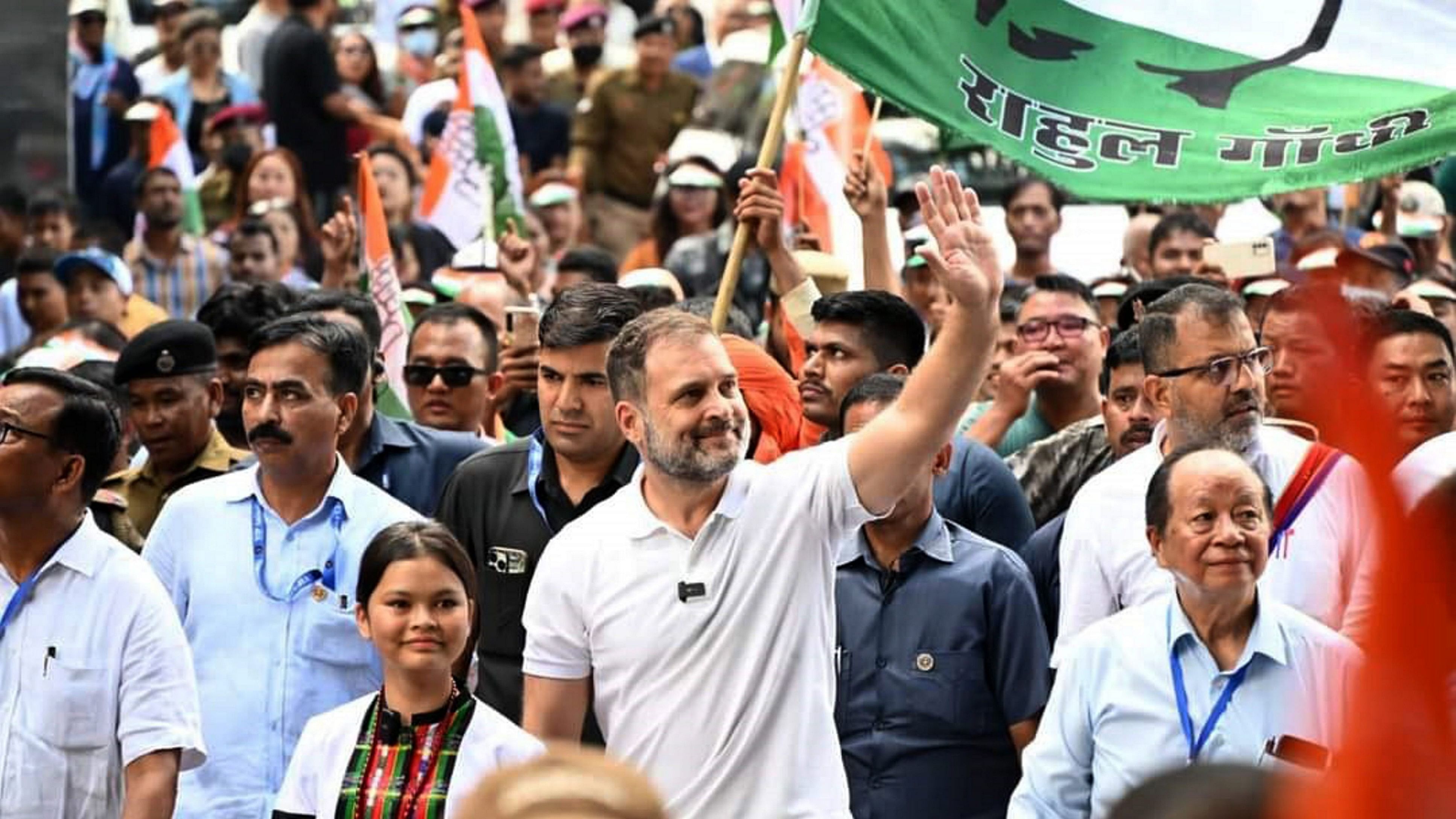 <div class="paragraphs"><p>Congress leader Rahul Gandhi with supporters during a 'Padyatra' from Chanmari to Raj Bhawan, in Aizawl, Mizoram, Monday, Oct. 16, 2023.</p></div>