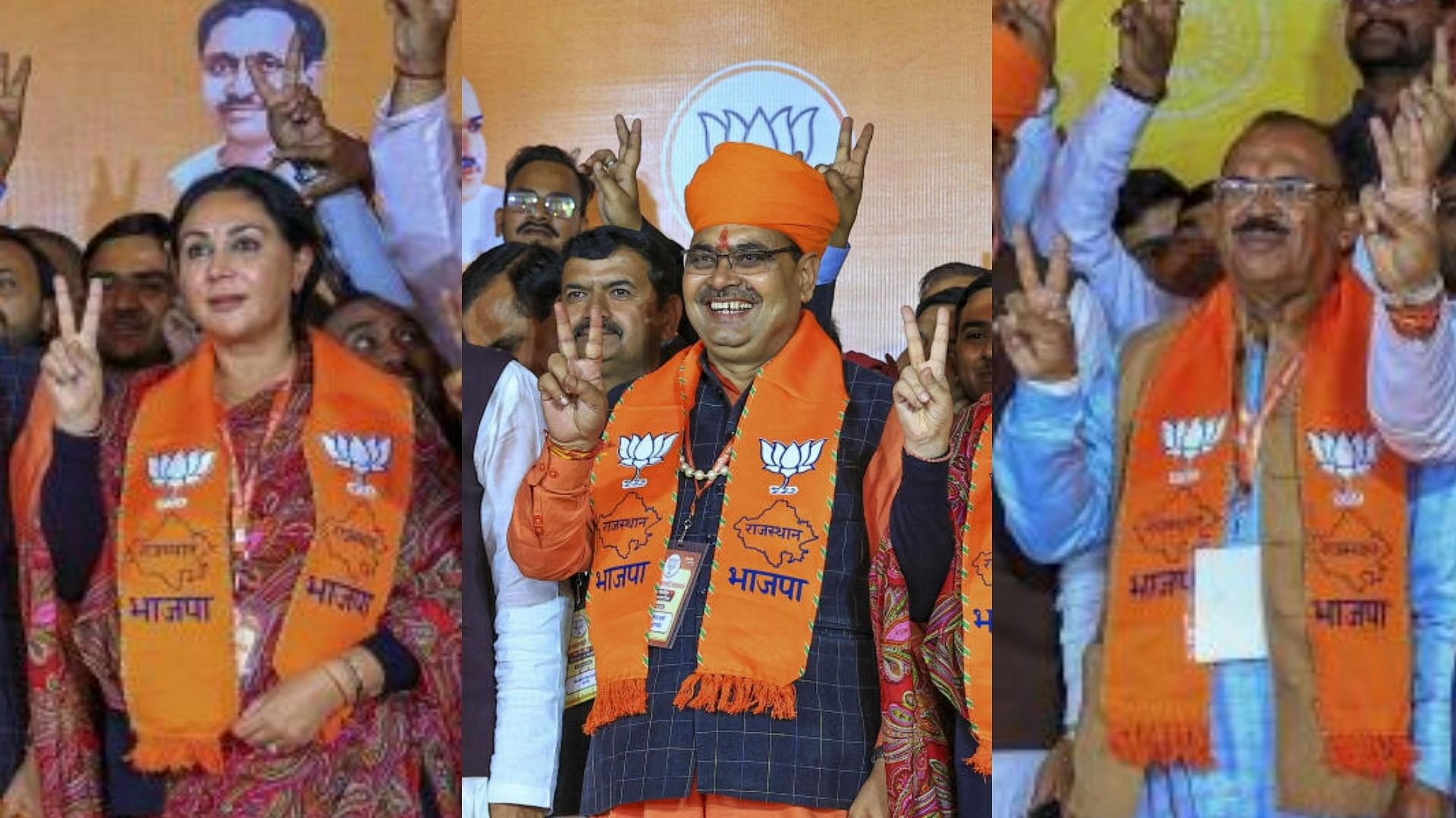 <div class="paragraphs"><p>Rajasthan's newly elected CM, Bhajanlal Sharma (C) and Deputy CMs DIya Kumari and Prem Chand Bairwa.</p></div>