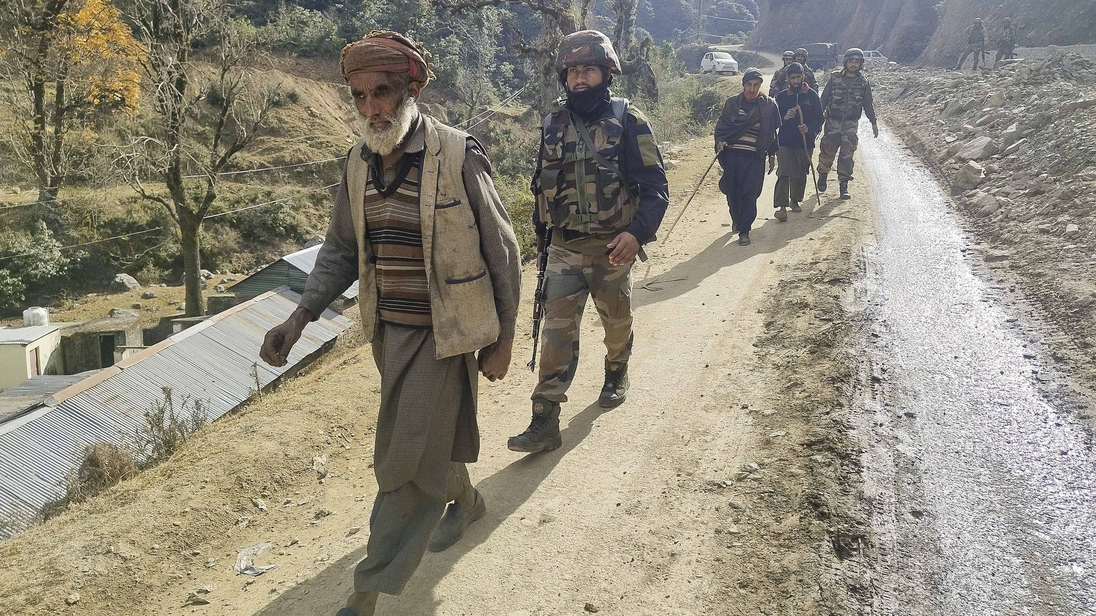 <div class="paragraphs"><p>Army personnel during a cordon and search operation after an ambush by terrorists last week in Poonch district in Jammu.</p></div>