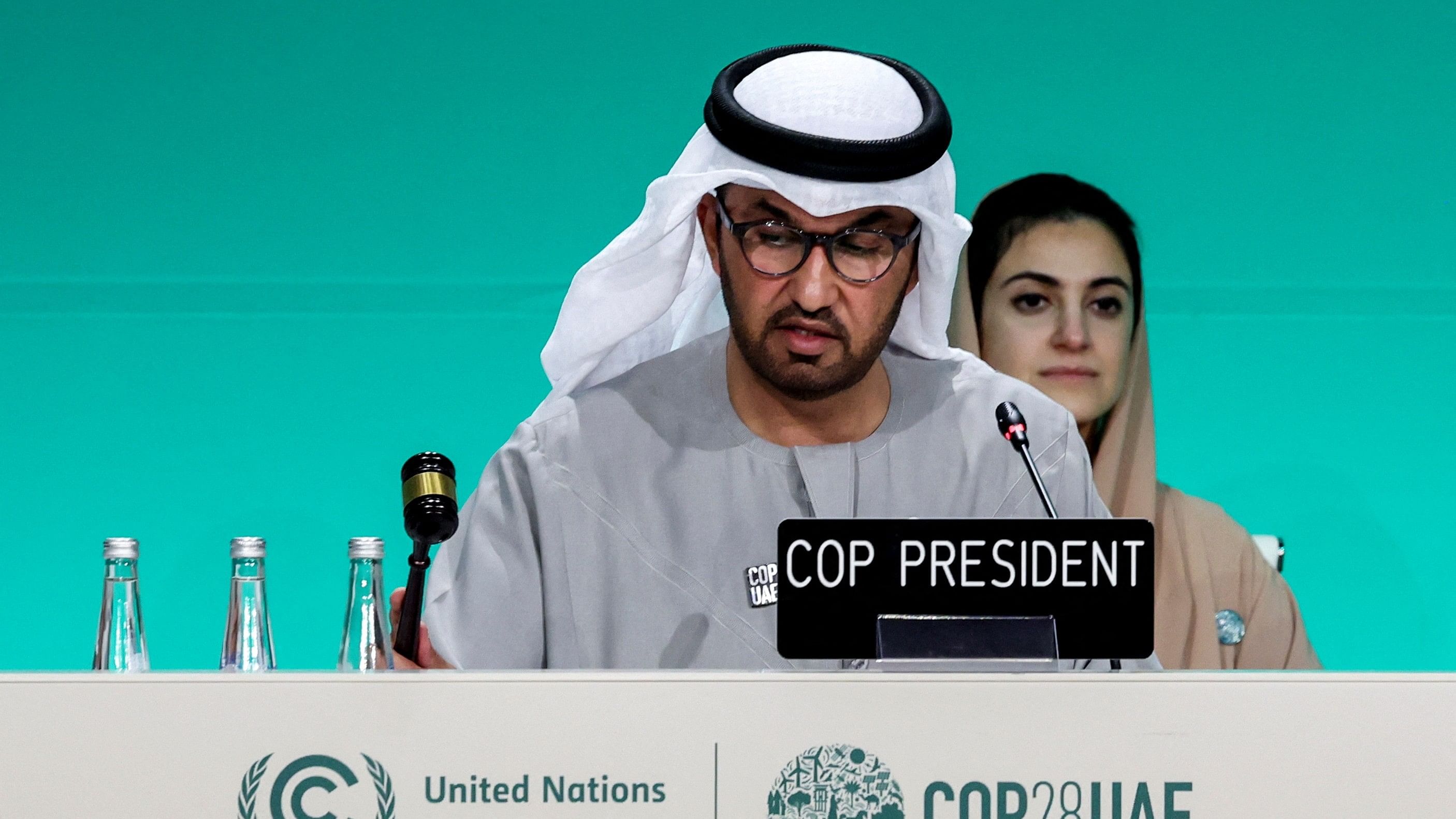 <div class="paragraphs"><p>United Arab Emirates Minister of Industry and Advanced Technology and COP28 President Sultan Ahmed Al Jaber attends a plenary meeting, after a draft of a negotiation deal was released, at the United Nations Climate Change Conference COP28 in Dubai, United Arab Emirates.</p></div>