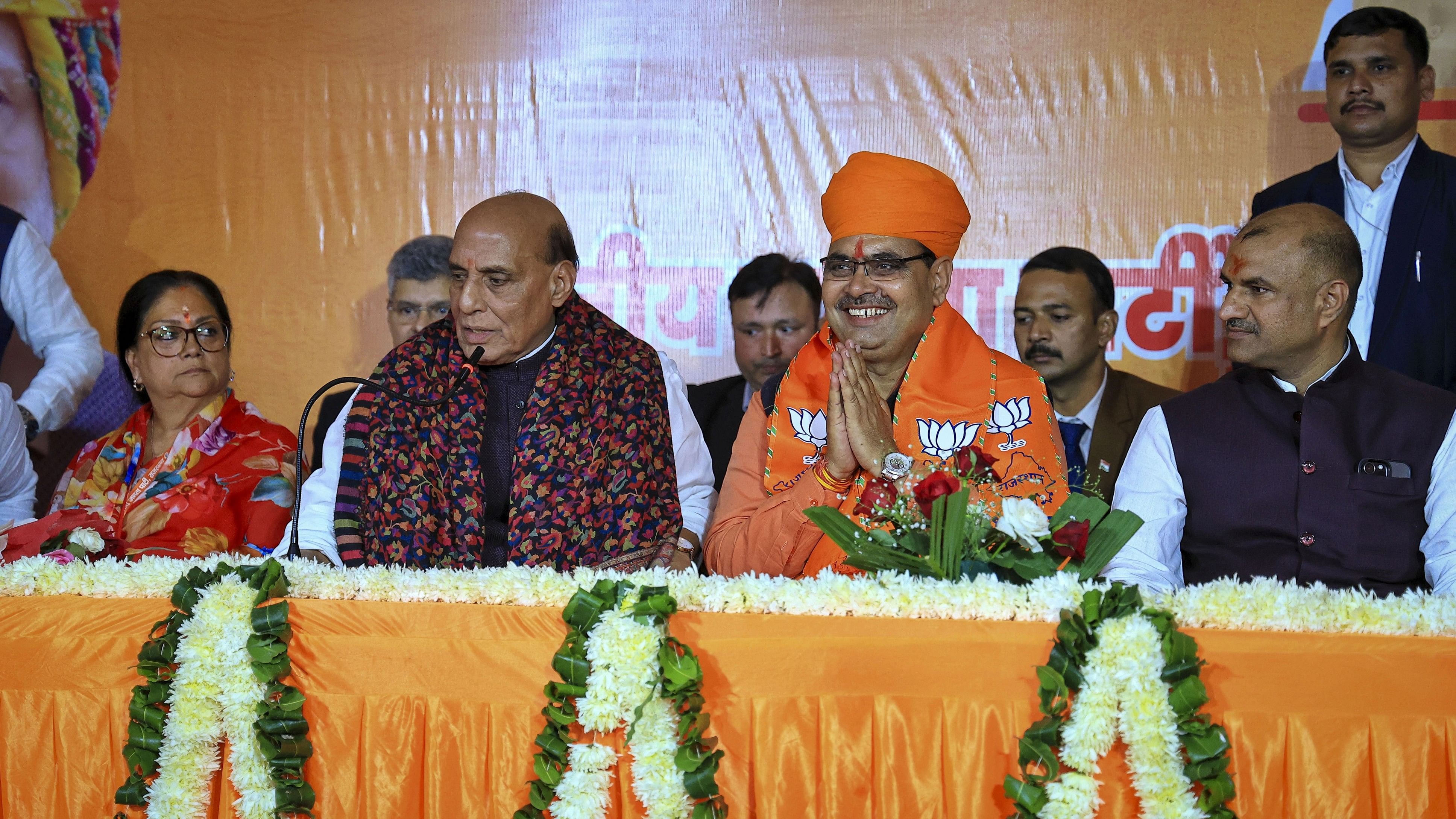 <div class="paragraphs"><p>Defence Minister and BJP central observer for Rajasthan Rajnath Singh, Rajasthan BJP President CP Joshi, former Rajasthan CM Vasundhara Raje and newly-elected Rajasthan Chief Minister Bhajan Lal Sharma address the media during BJP Legislature Party meeting, in Jaipur.</p></div>