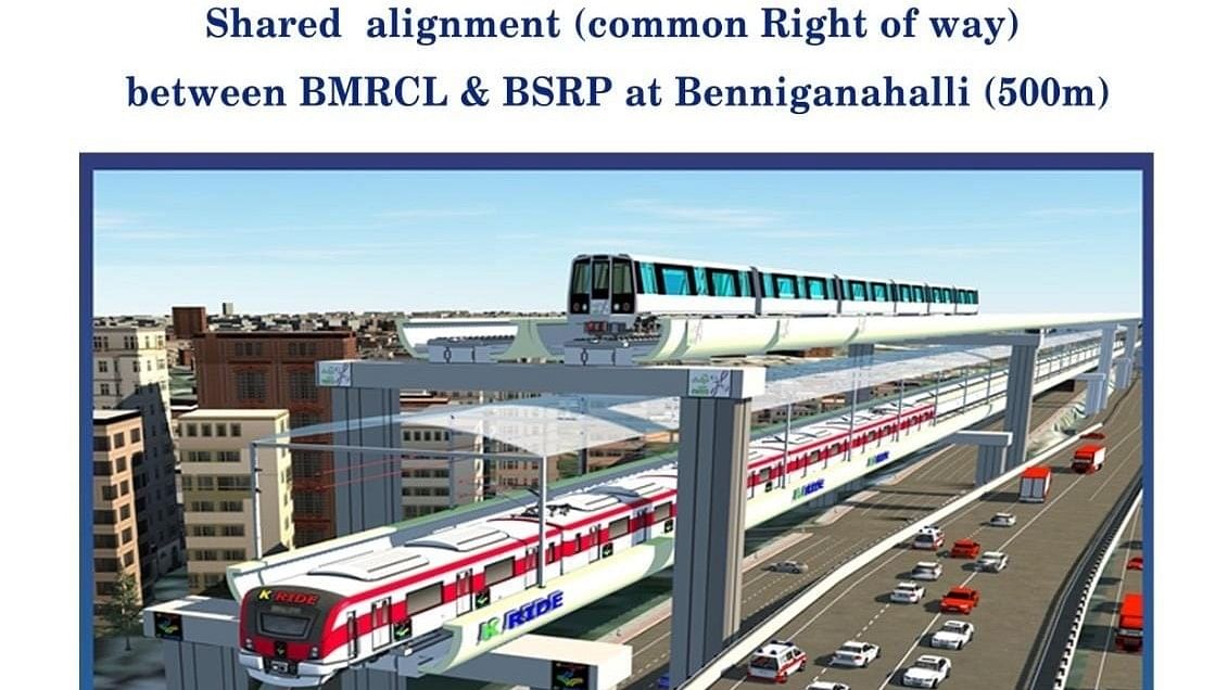 <div class="paragraphs"><p>An artist's impression of the rail-over-rail on a single pier/portal structure. Two lines of the BSRP will run on a single pier in Yelahanka. </p></div>