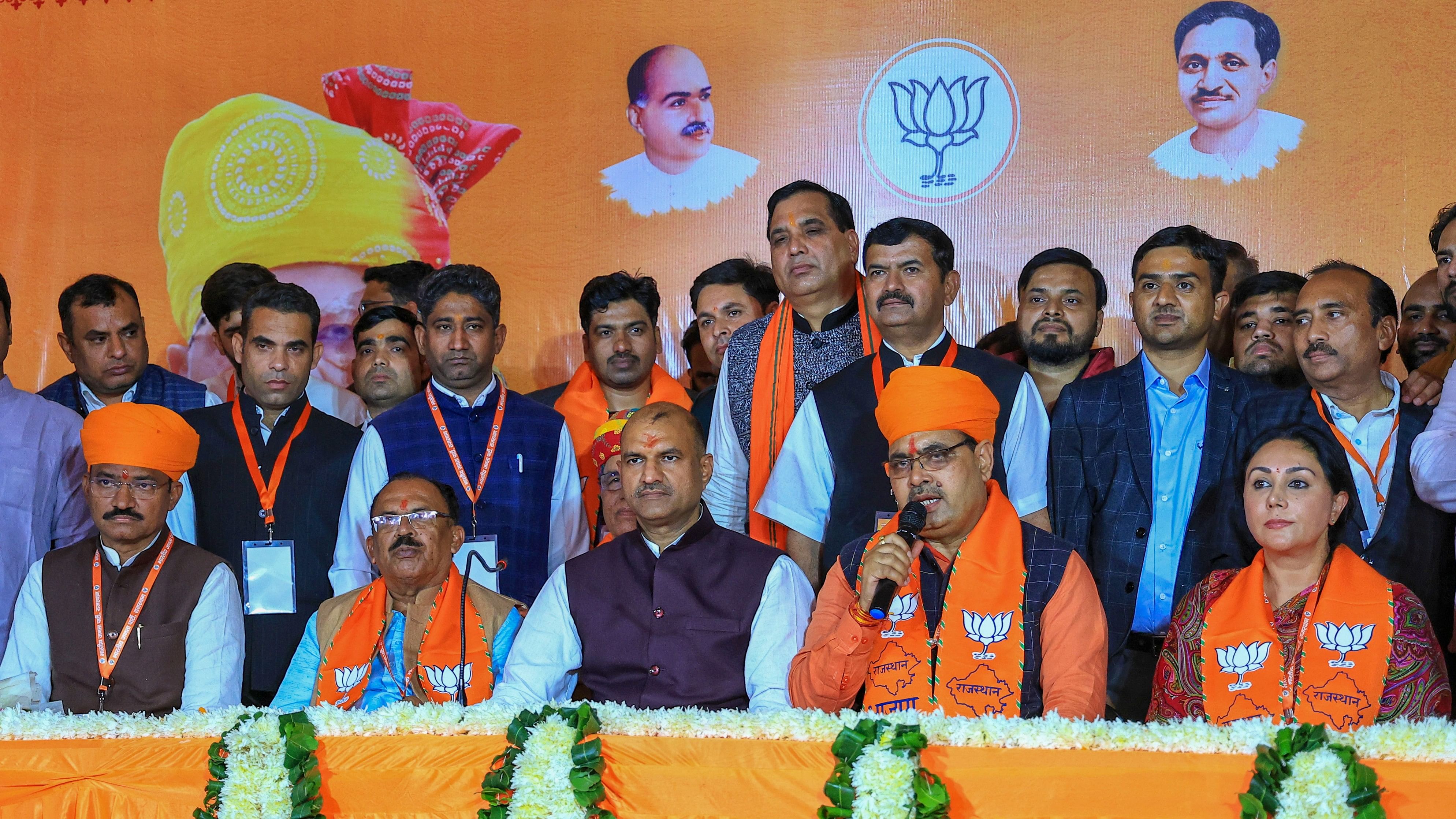 <div class="paragraphs"><p>Newly-elected Rajasthan Chief Minister Bhajan Lal Sharma with his deputies Diya Kumari and Prem Chand Bairwa, newly-elected State Assembly Speaker Vasudev Devnani and Rajasthan BJP President CP Joshi addresses the media during BJP Legislature Party meeting, in Jaipur.&nbsp;</p></div>