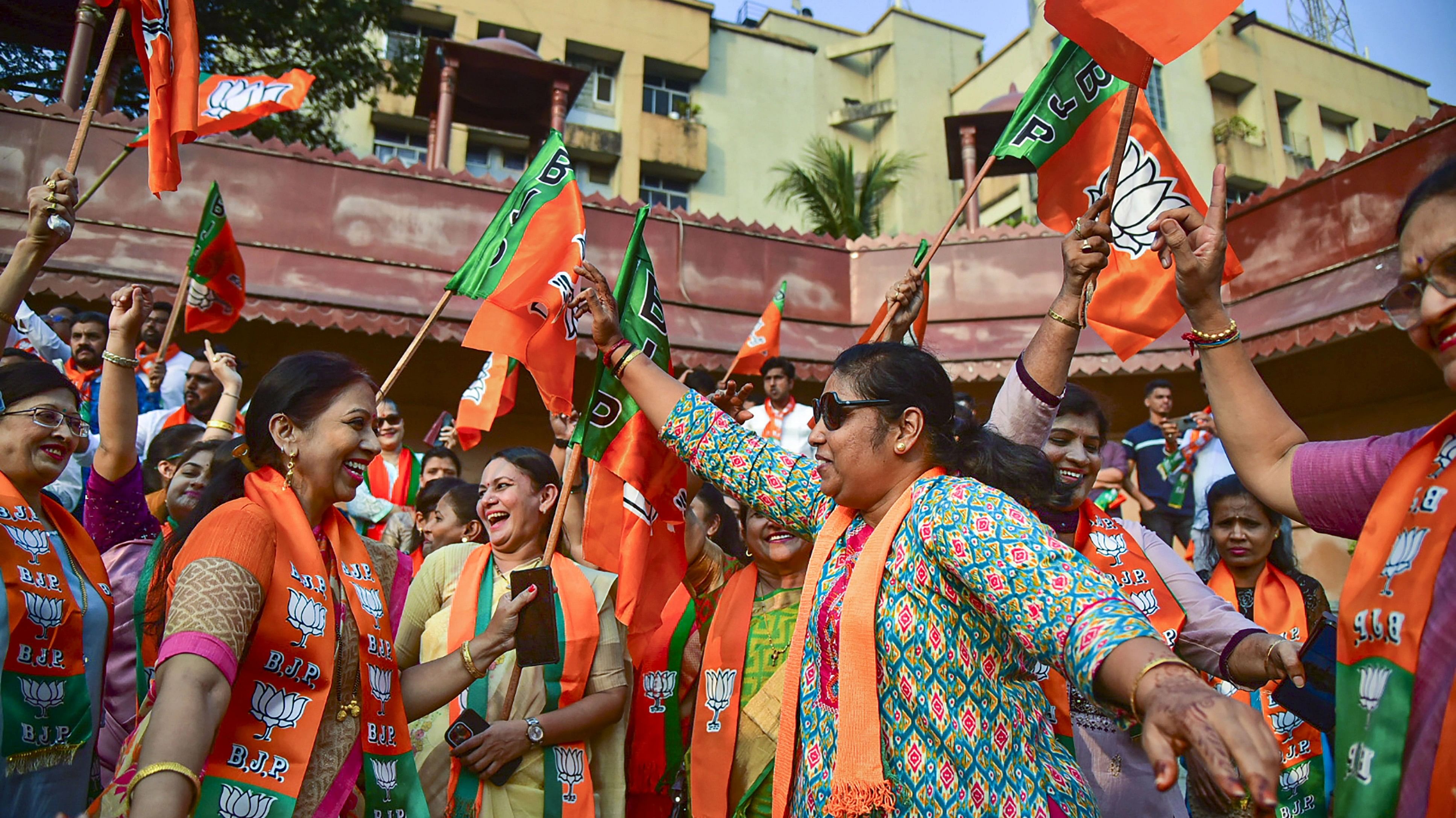 <div class="paragraphs"><p>BJP workers celebrate the party's victory in Madhya Pradesh, Rajasthan and Chhattisgarh.&nbsp;</p></div>