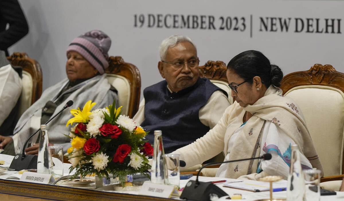 <div class="paragraphs"><p>West Bengal CM and TMC chief Mamata Banerjee, Bihar CM Nitish Kumar and RJD chief Lalu Prasad Yadav during the Indian National Developmental Inclusive Alliance (I.N.D.I.A) meeting.</p></div>