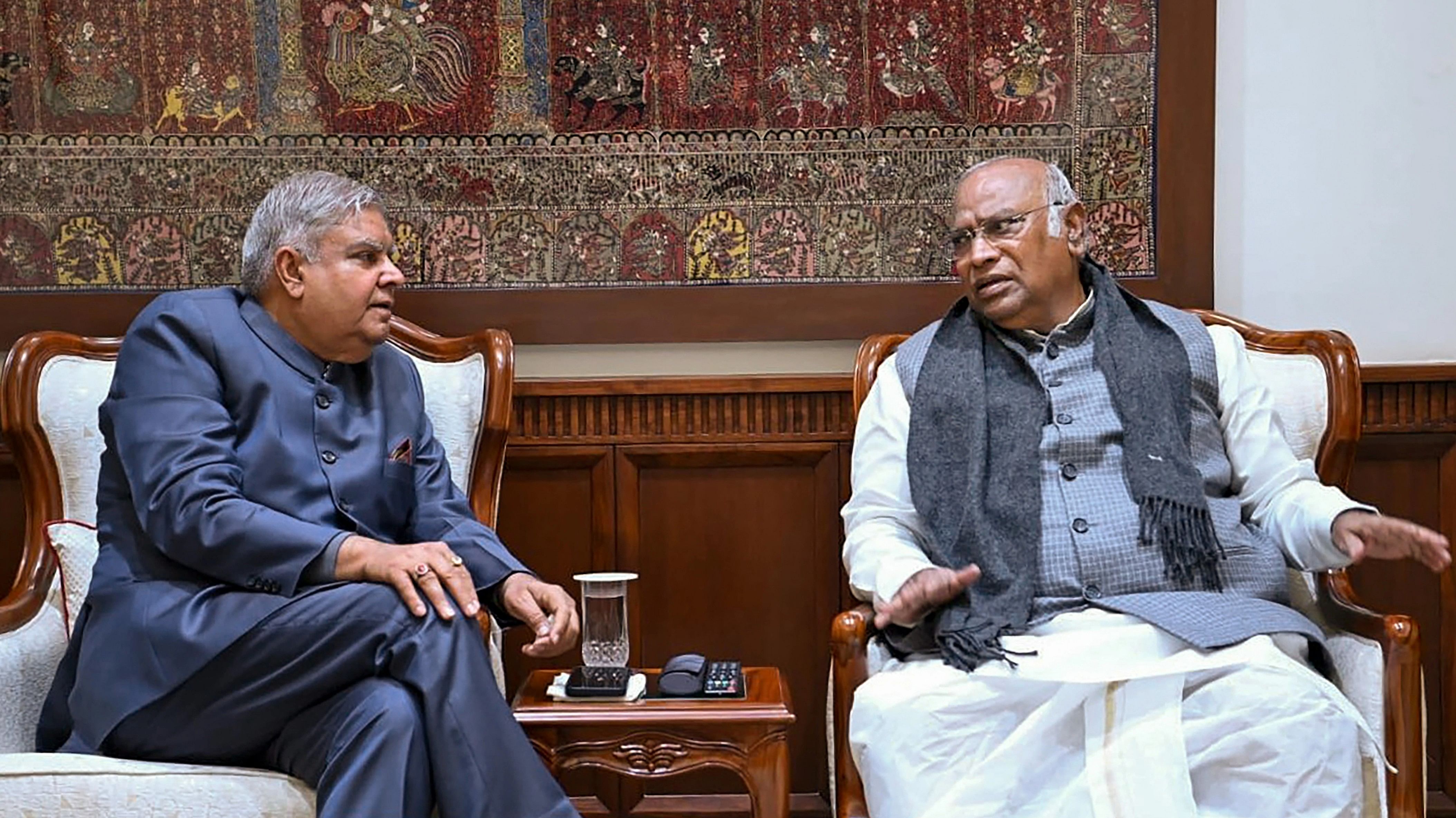 <div class="paragraphs"><p>File Photo: Vice President and Rajya Sabha Chairman Jagdeep Dhankhar (L) with Leader of Opposition Mallikarjun Kharge (R).</p></div>