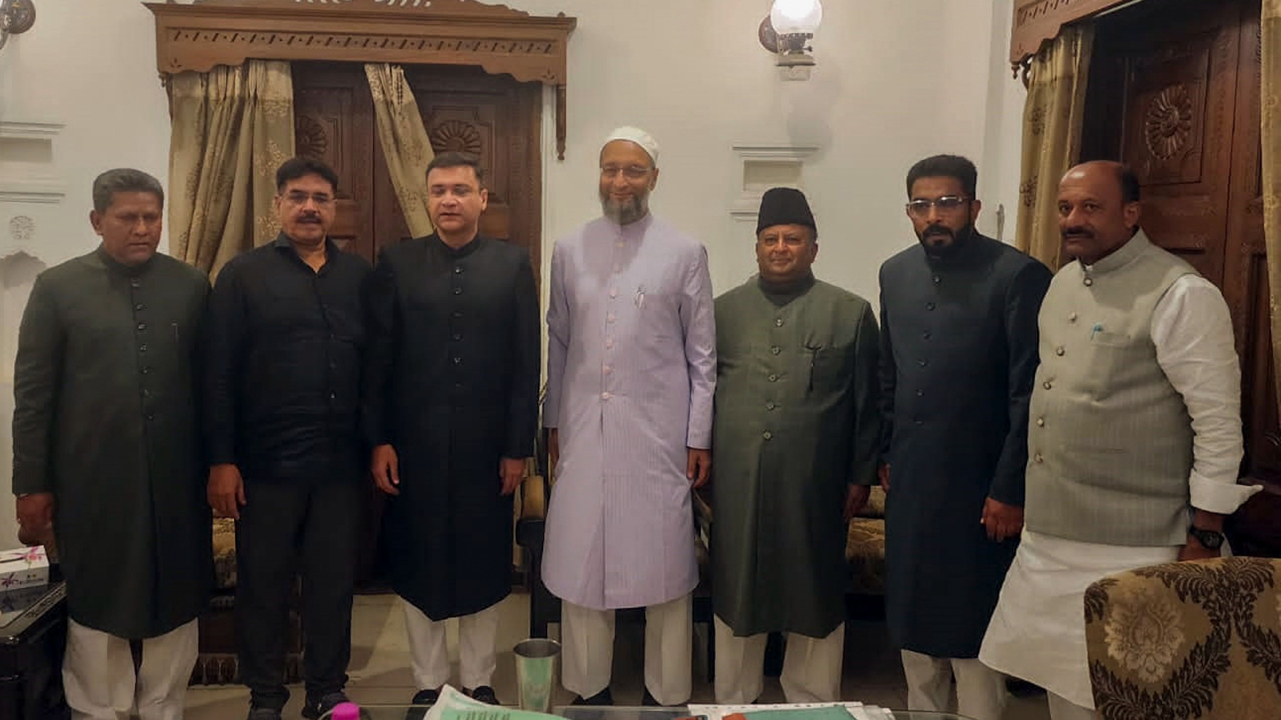 <div class="paragraphs"><p>AIMIM President Asaduddin Owasi with party candidates who won in the Telangana Assembly elections, in Hyderabad, Sunday, Dec. 3, 2023.</p></div>