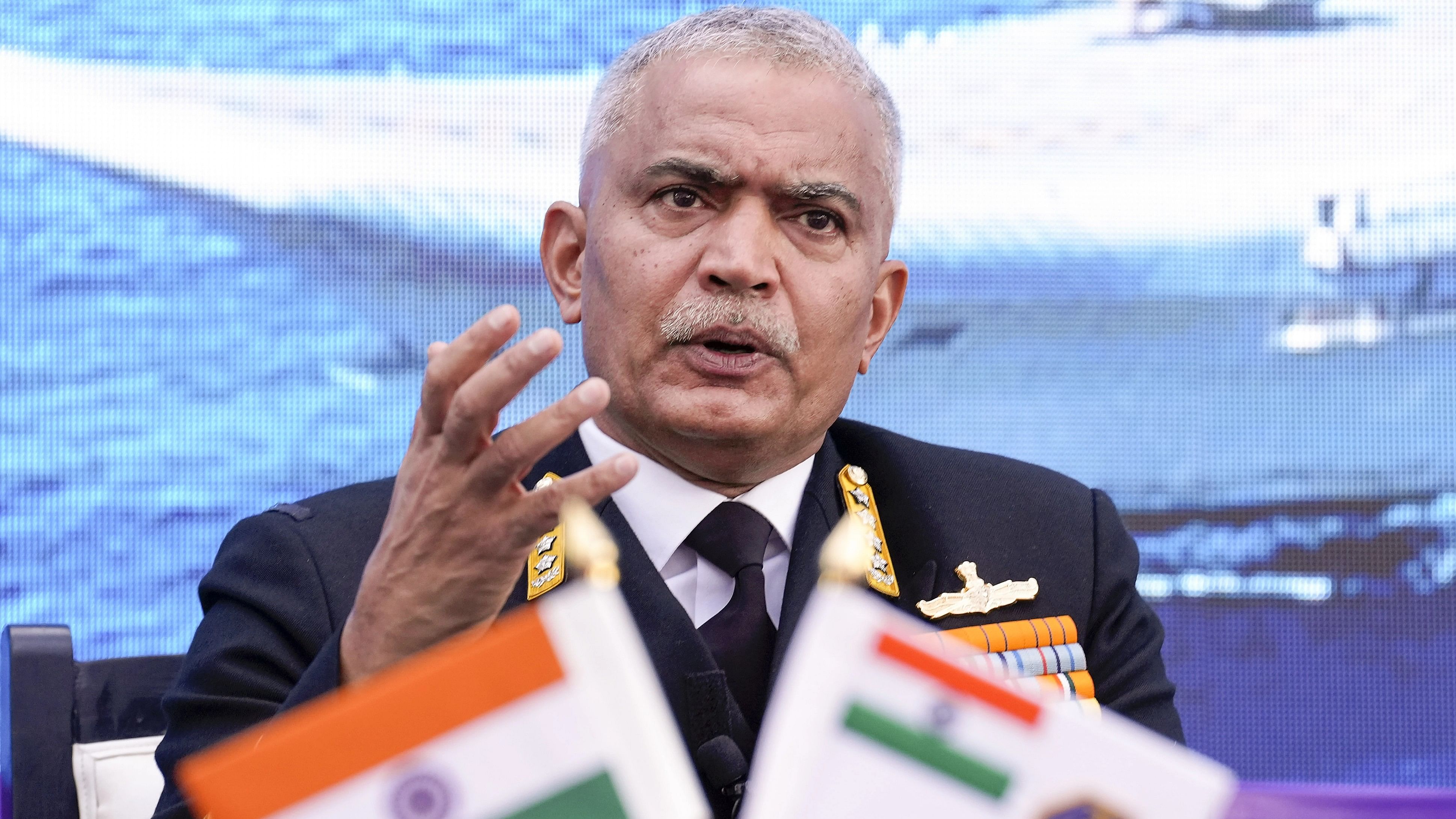 <div class="paragraphs"><p>Chief of the Naval Staff Admiral R Hari Kumar addresses a press conference ahead of the celebration of Navy Day, in New Delhi, Friday, Dec. 1, 2023. </p></div>