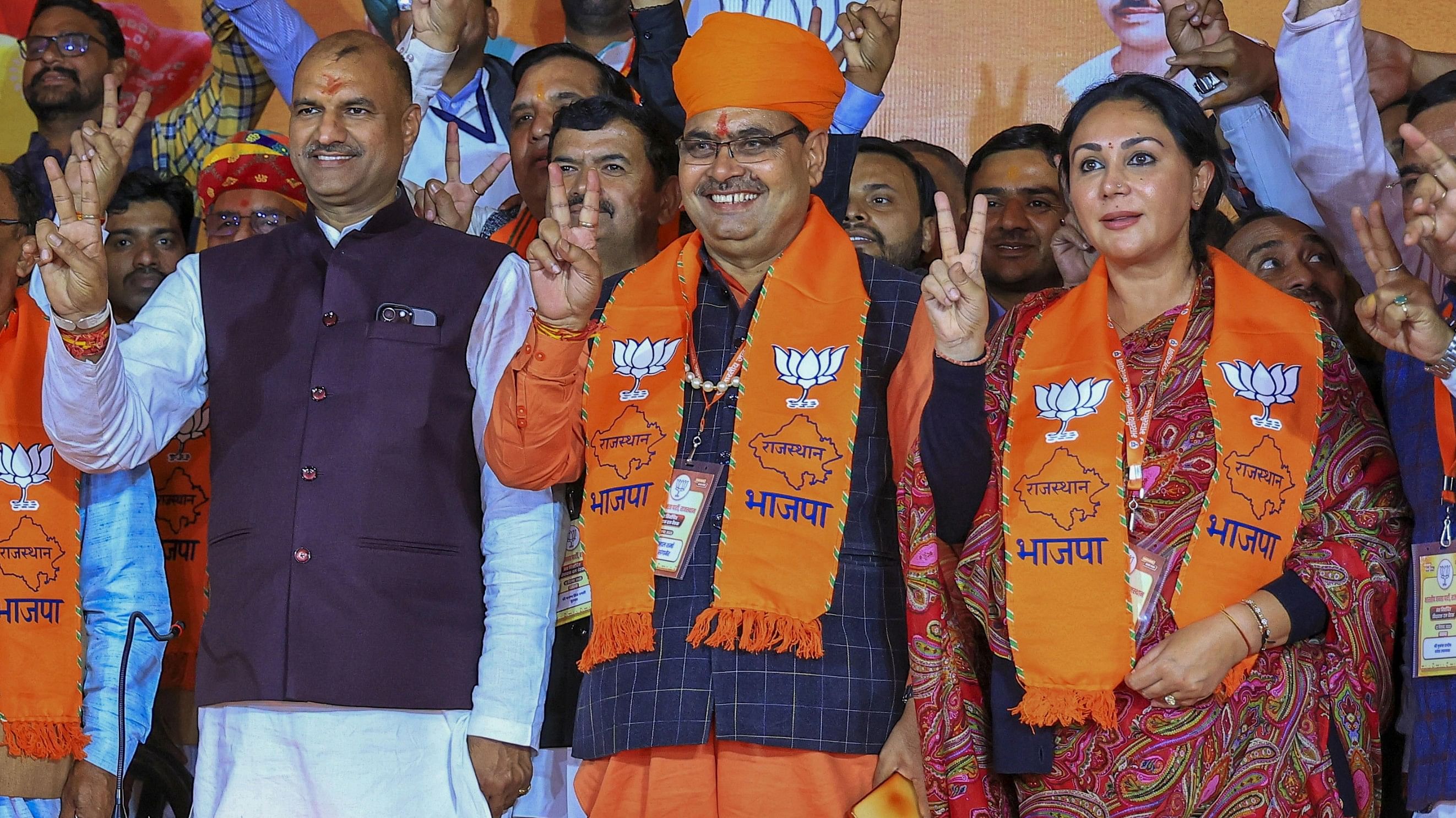 <div class="paragraphs"><p>File Photo: Newly-elected Rajasthan Chief Minister Bhajanlal Sharma with his deputies Diya Kumari and Prem Chand Bairwa, newly-elected State Assembly Speaker Vasudev Devnani and Rajasthan BJP President CP Joshi during BJP Legislature Party meeting, in Jaipur, Tuesday, Dec. 12, 2023. </p></div>