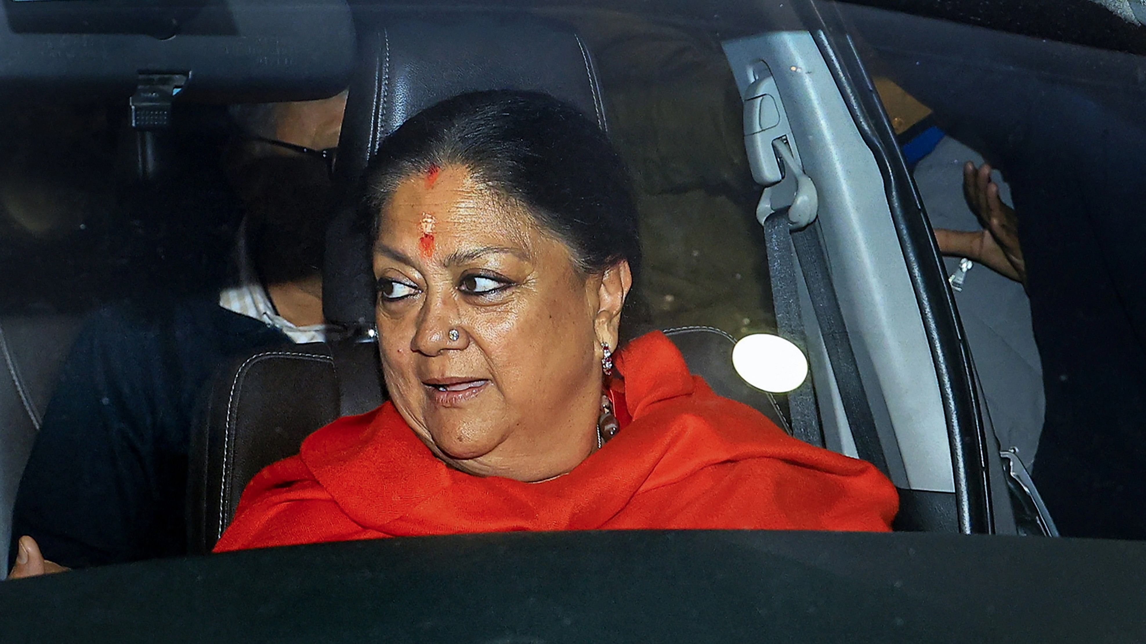 <div class="paragraphs"><p>BJP candidate Vasundhara Raje Scindia arrives at party office after her victory in Rajasthan Assembly elections, Sunday, Dec. 3, 2023.</p></div>