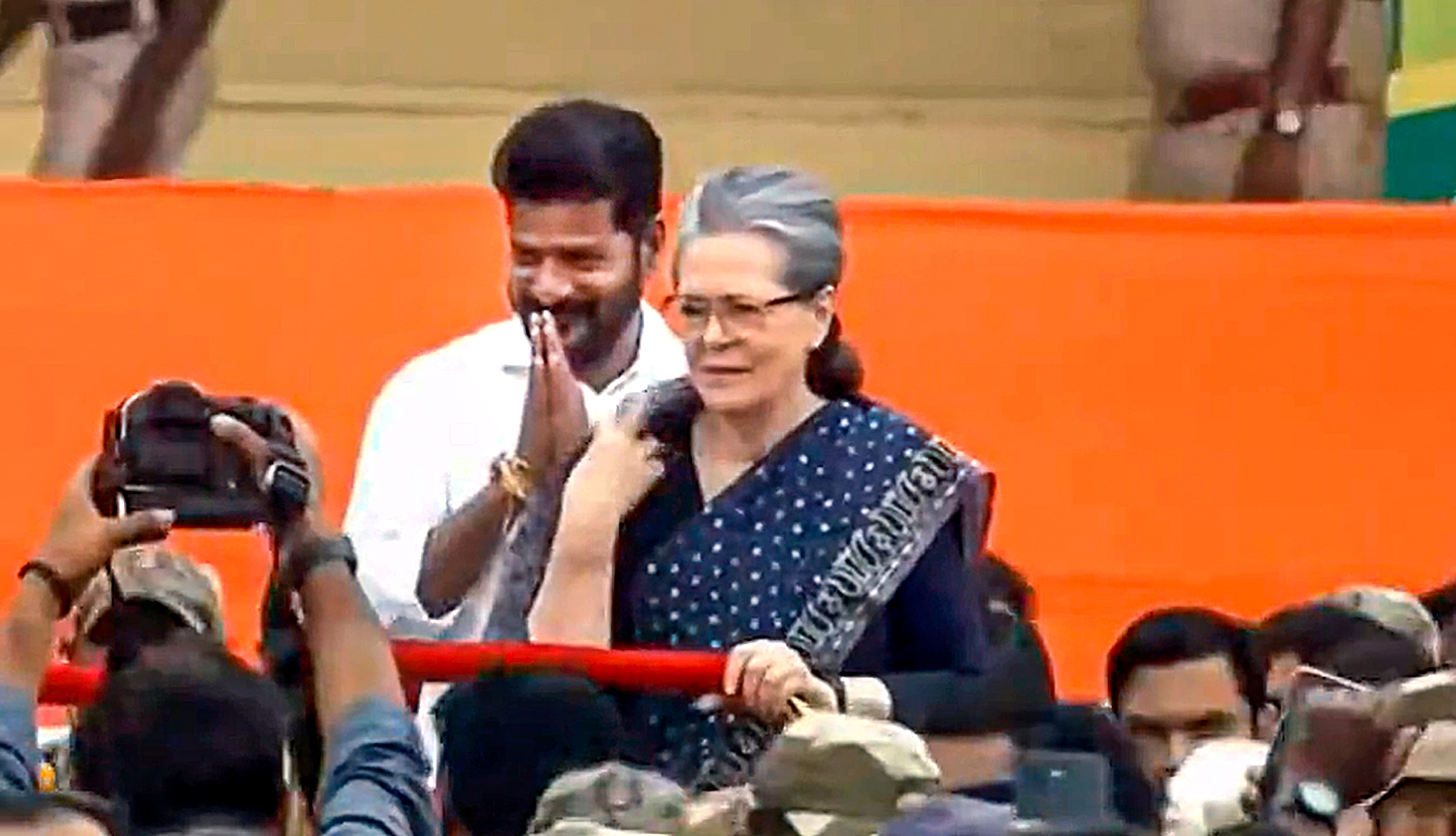 <div class="paragraphs"><p>Congress leader Sonia Gandhi during the swearing-in ceremony of party's leader Revanth Reddy as Chief Minister of Telangana, in Hyderabad, Thursday, Dec. 7, 2023.</p></div>