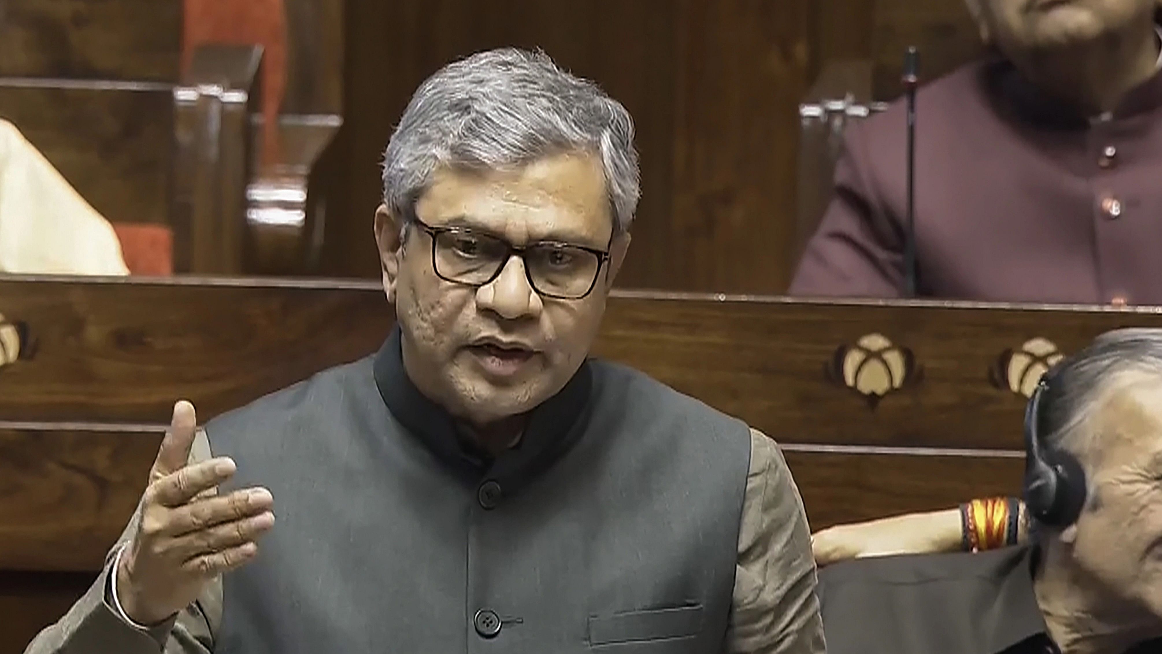 <div class="paragraphs"><p>Union Minister Ashwini Vaishnaw speaks in the Rajya Sabha on the first day of the Winter session of Parliament, in New Delhi</p></div>