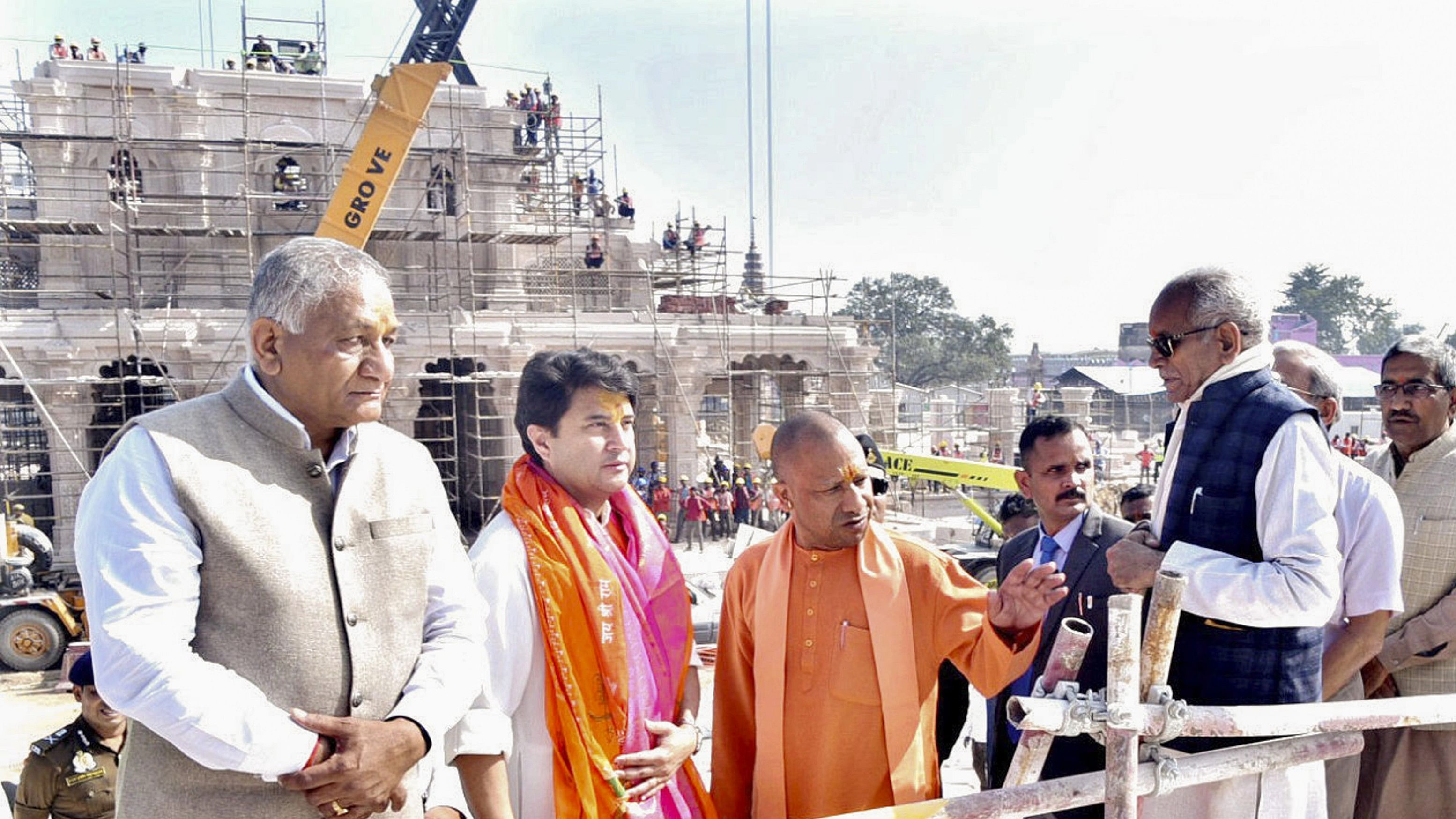 <div class="paragraphs"><p>Uttar Pradesh Chief Minister Yogi Adityanath, Union Minister Jyotiraditya Scindia and Union Minister of State VK Singh inspect the under-construction Ram Temple ahead of its opening ceremony, in Ayodhya district, on December 2, 2023.</p></div>