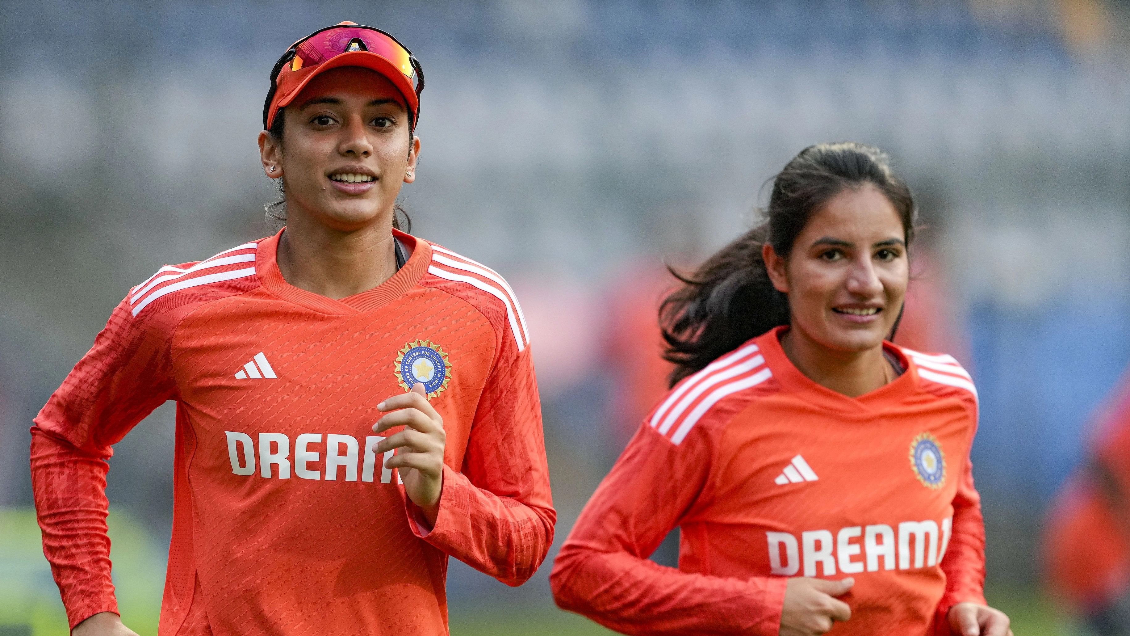 <div class="paragraphs"><p>Smriti Mandhana and Renuka Singh during a practice session ahead of the 1st T20I cricket match between India and England, at Wankhede Stadium, in Mumbai, Tuesday, Dec. 5, 2023. </p></div>