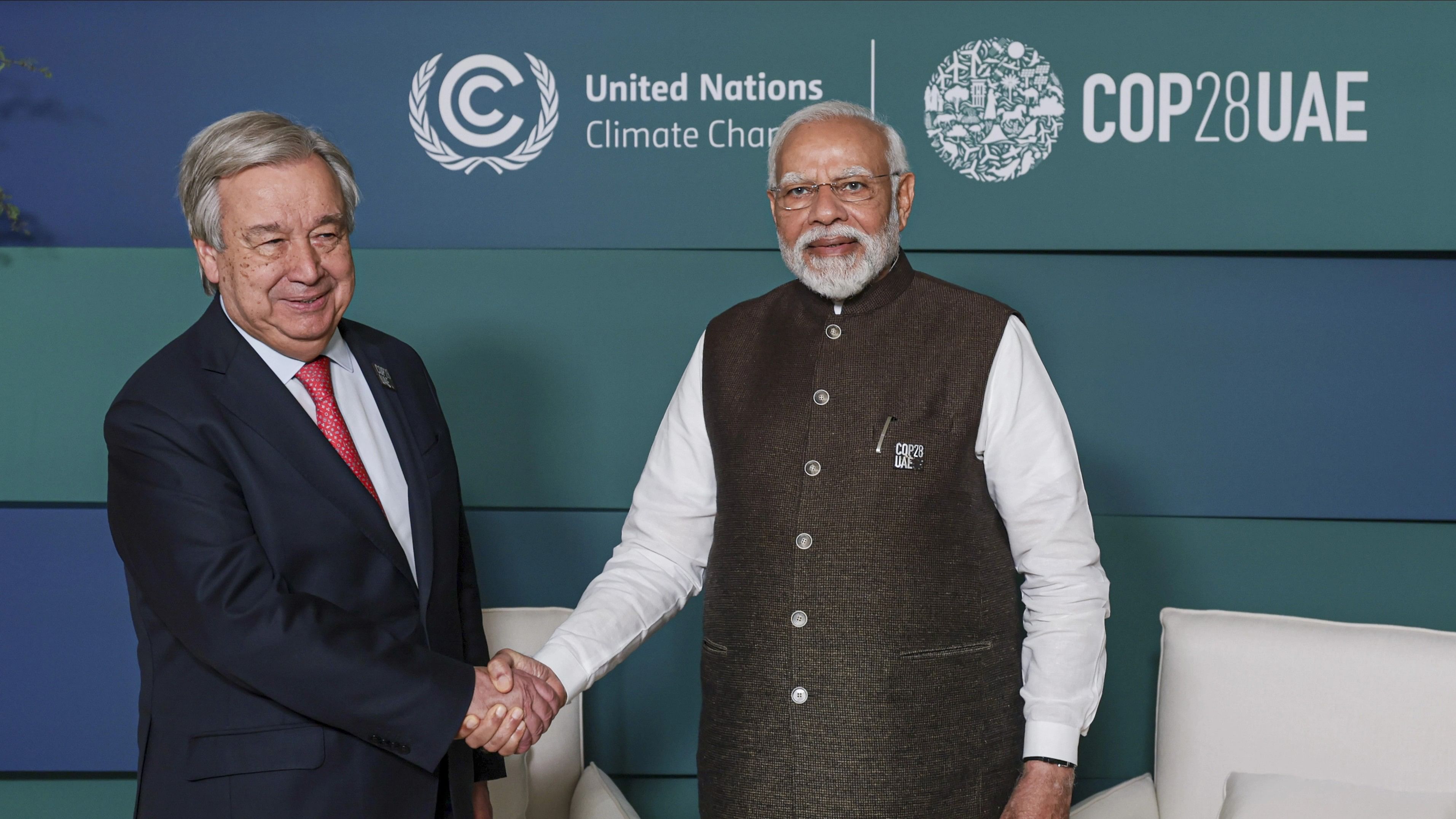 <div class="paragraphs"><p> Prime Minister Narendra Modi with UN Secretary-General Antonio Guterres during a meeting on the sidelines of the COP28, in Dubai, UAE, Friday, Dec. 1, 2023. </p></div>