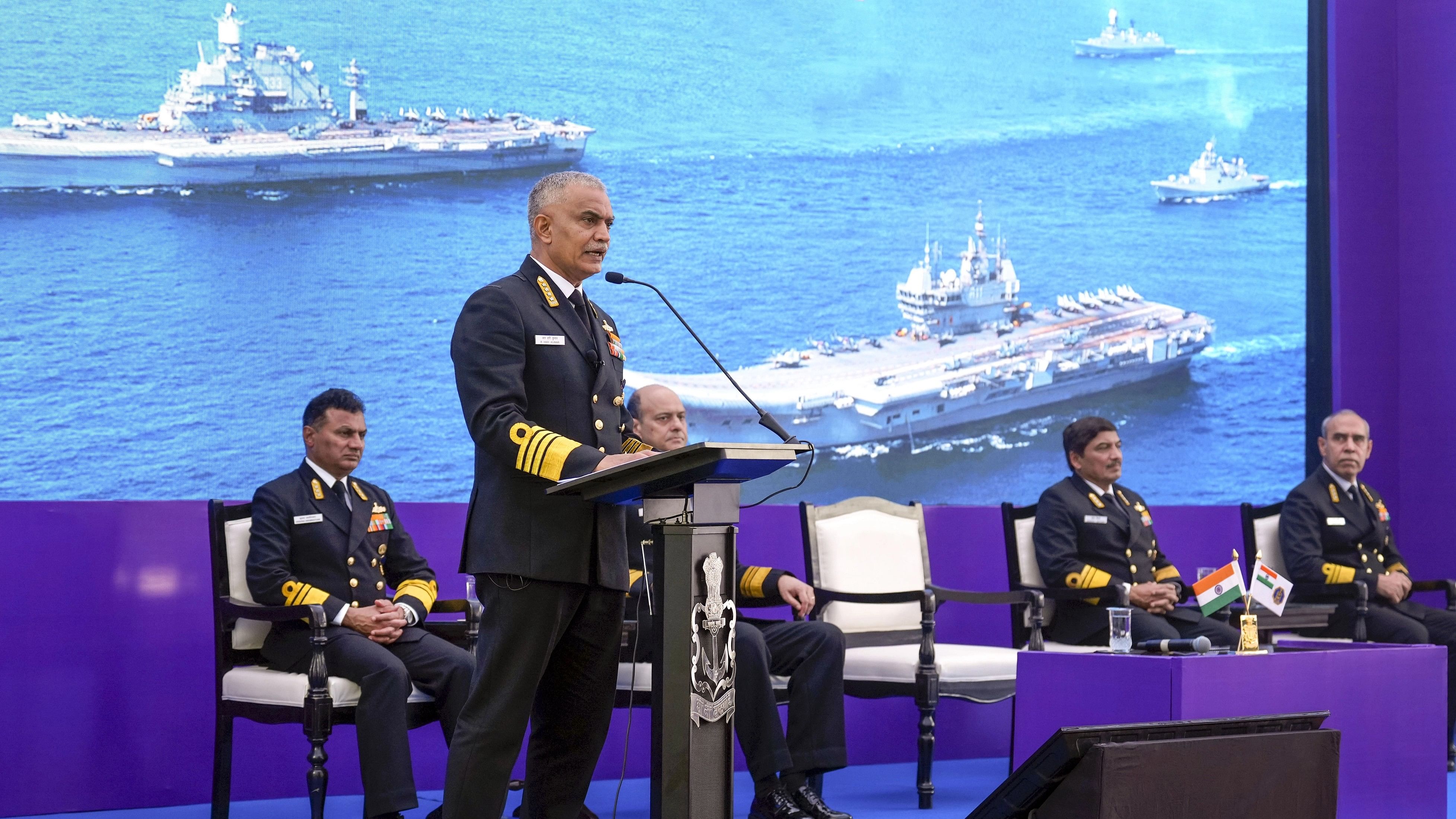 <div class="paragraphs"><p>Chief of the Naval Staff Admiral R Hari Kumar addresses a press conference ahead of the celebration of Navy Day, in New Delhi, Friday, Dec. 1, 2023. </p></div>