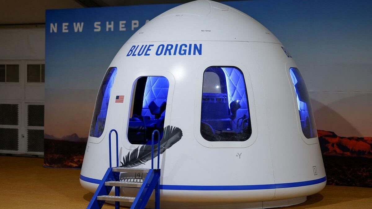 <div class="paragraphs"><p>A replica of the astronaut capsule is displayed at the Blue Origin site, on the day the Blue Origin's rocket New Shepard blasts off on billionaire Jeff Bezos's company's fourth suborbital tourism flight with a six-person crew near Van Horn, Texas, U.S., March 31, 2022.</p></div>