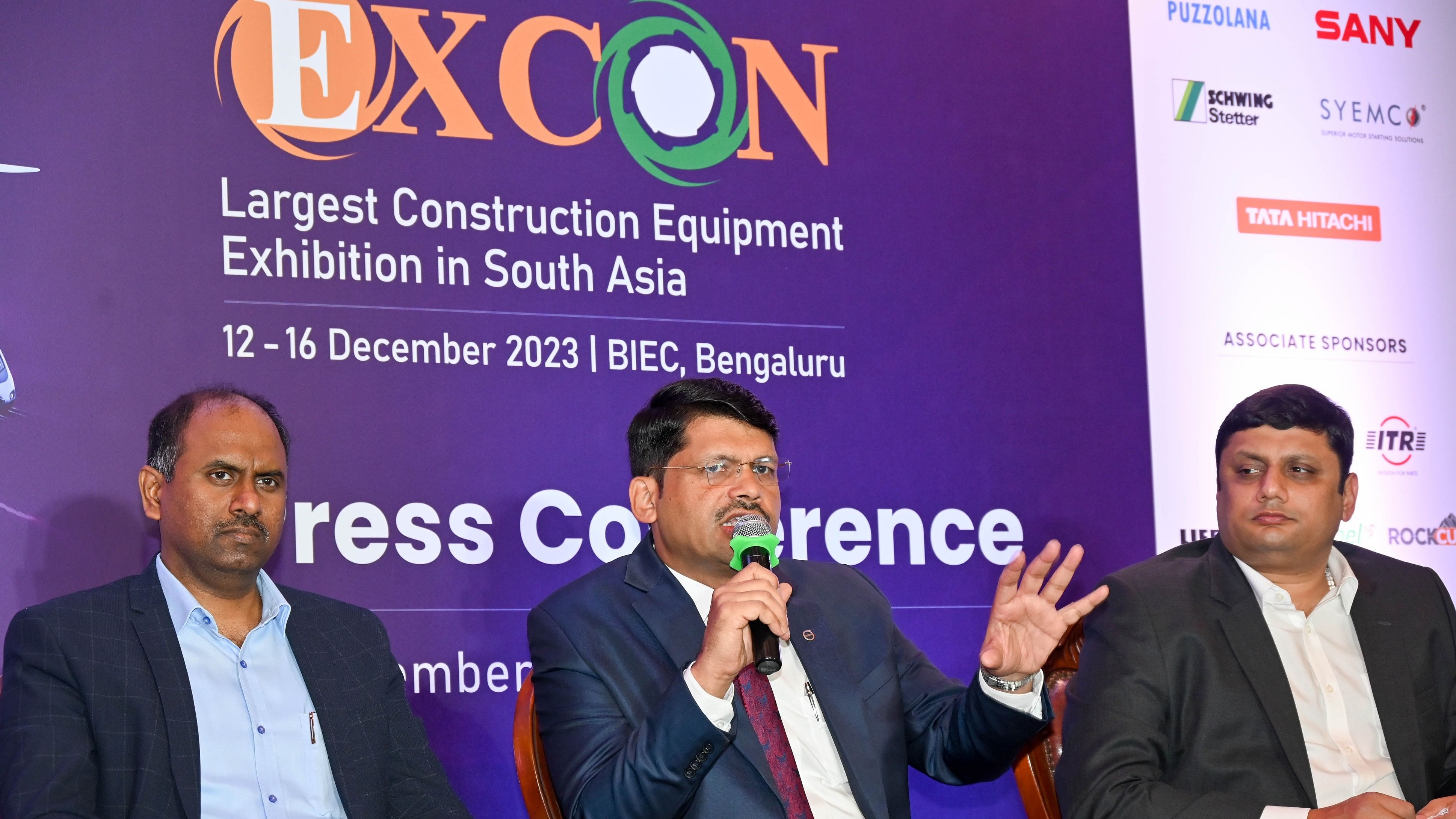 <div class="paragraphs"><p>(From Left) Confederation of Indian Industry (CII) Chairman Vijaykrishnan Venkatesan, Co-Chairman Dimitrov Krishnan and Regional Director of CII Southern Region NMP Jeyesh are seen during the Press conference about 12th Edition of EXCON, by Confederation of Indian Industry (CII), in Bengaluru on Monday.</p></div>