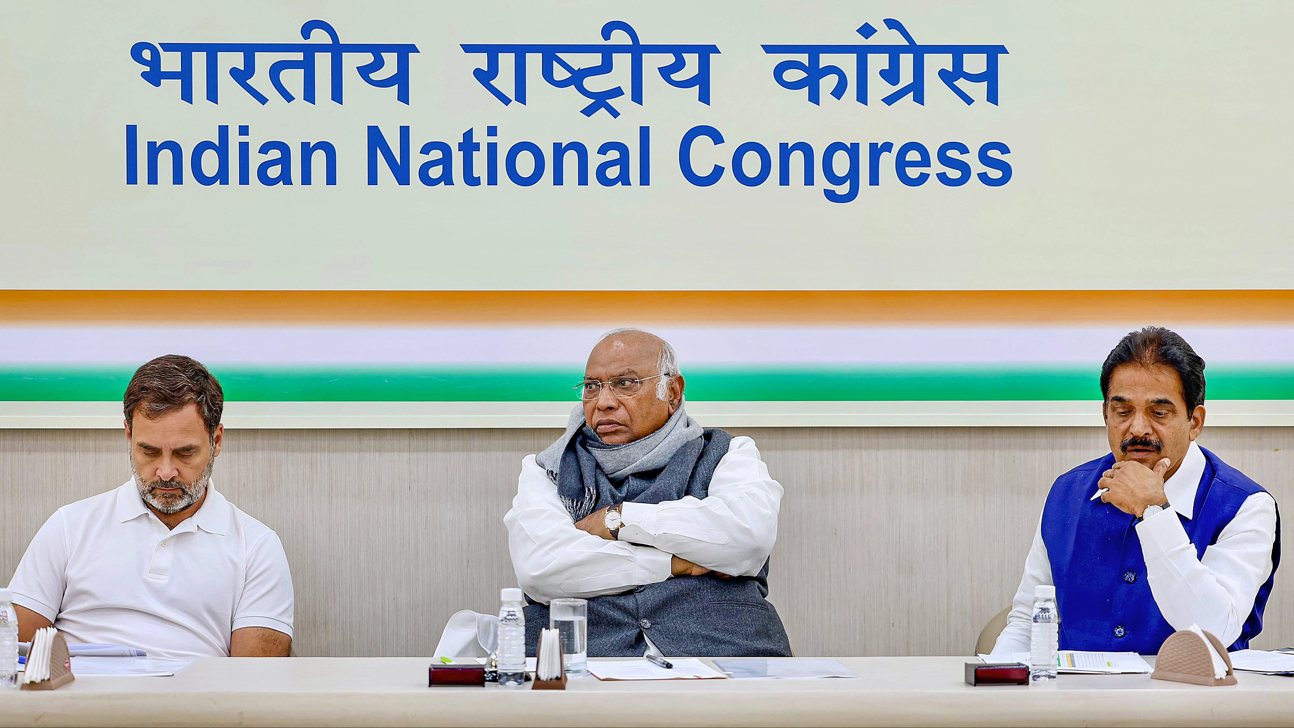 <div class="paragraphs"><p>Congress President Mallikarjun Kharge, party leaders Rahul Gandhi and KC Venugopal Rao during a review meeting on the election results of Chhattisgarh, at party headquarters in New Delhi.&nbsp;</p></div>