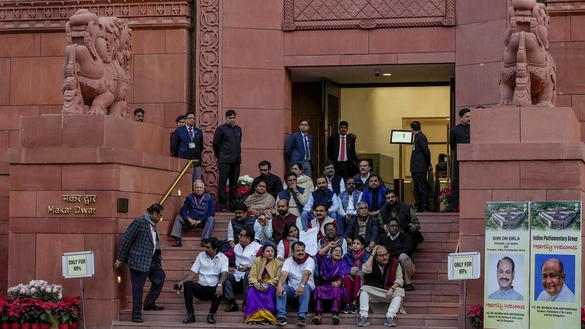 <div class="paragraphs"><p>Suspended Opposition MPs protest during the Winter session of Parliament, in New Delhi, Monday, Dec. 18, 2023.</p></div>