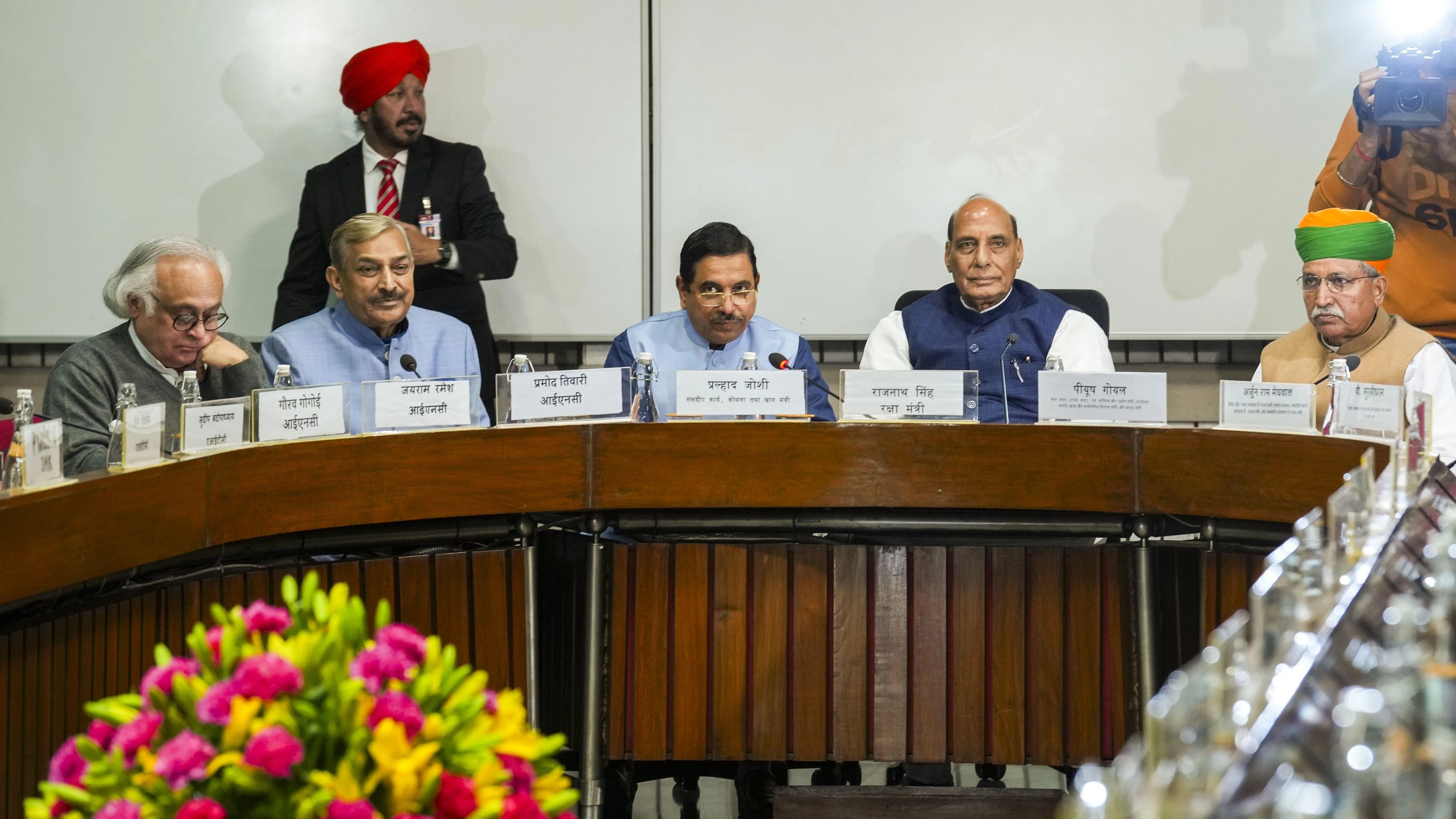 <div class="paragraphs"><p>New Delhi: Union Defence Minister Rajnath Singh, Union Minister of State for Law and Justice, Parliamentary Affairs and Culture Arjun Ram Meghwal, Union Minister of Parliamentary Affairs, Coal and Mines Pralhad Joshi, Congress MPs Jairam Ramesh and Pramod Tiwari and others during a meeting of the Minister of Parliamentary Affairs with floor leaders of political parties at the Parliament House before the commencement of the Winter Session, in New Delhi.</p></div>