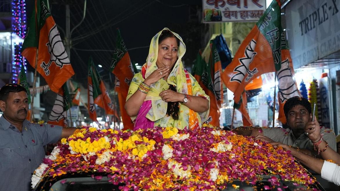 <div class="paragraphs"><p>Vasundhara Raje during a road show ahead of Rajasthan Assembly elections, in Beawar, Saturday, Nov. 18, 2023.</p></div>