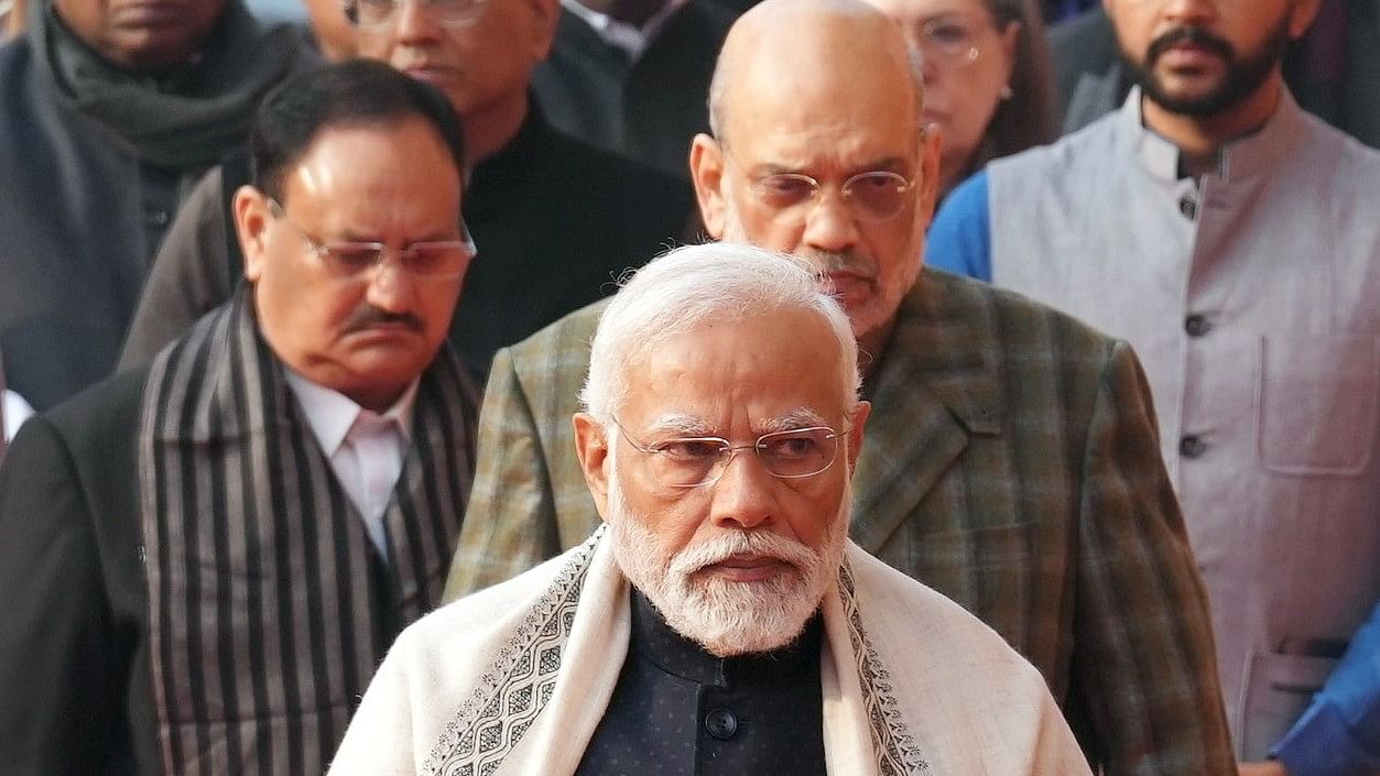<div class="paragraphs"><p>The BJP launched the Viksit Bharat Sankalp Yatra on Nov 15 to reach out to 2 lakh gram panchayats in the country to raise awareness about government schemes. In pic, Modi pays tribute to martyrs at the Samvidhan Sadan, in New Delhi. </p></div>