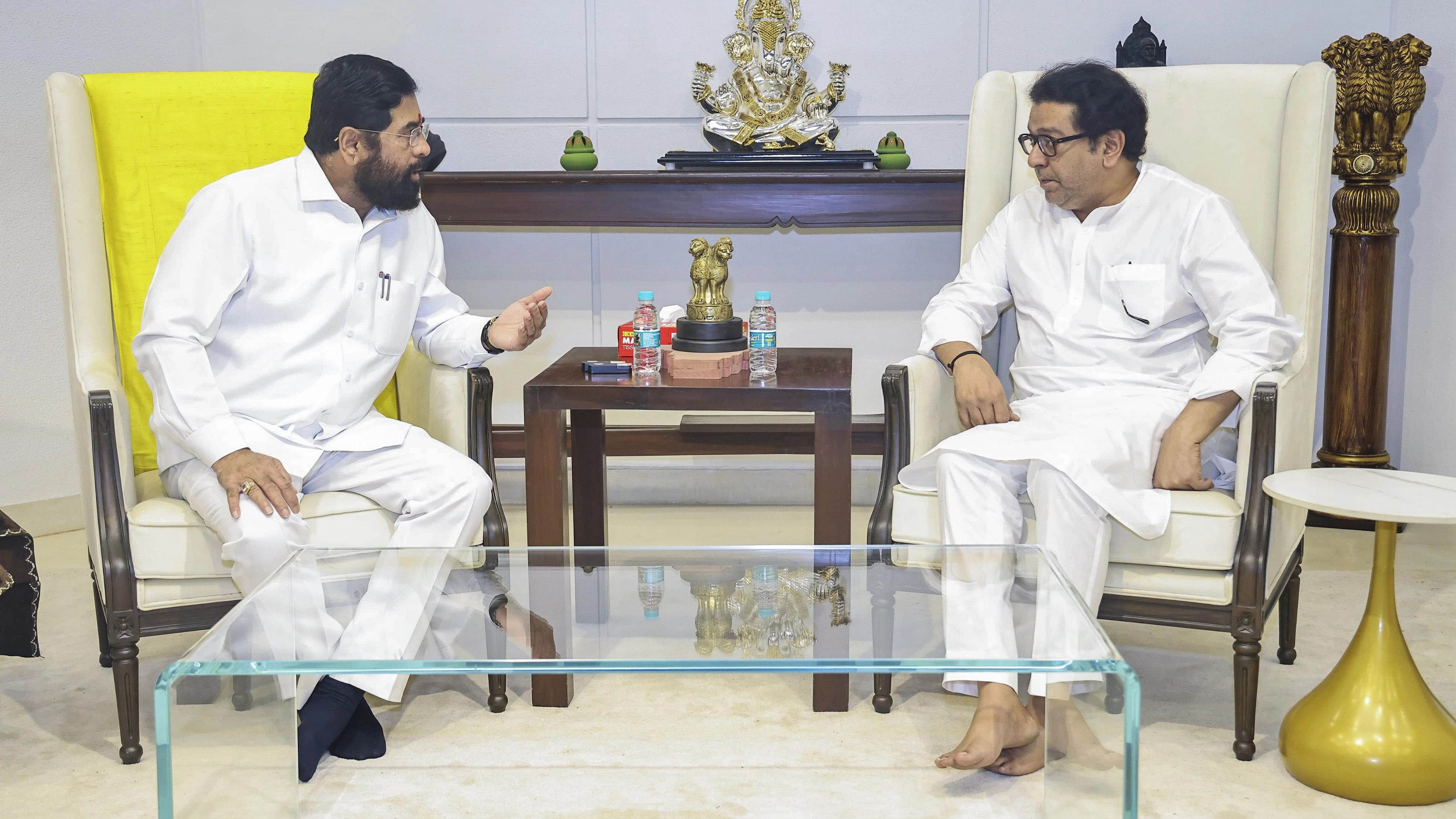 <div class="paragraphs"><p> Maharashtra Chief Minister Eknath Shinde during a meeting with Maharashtra Navnirman Sena (MNS) chief Raj Thackeray at the former's residence, in Mumbai.</p></div>