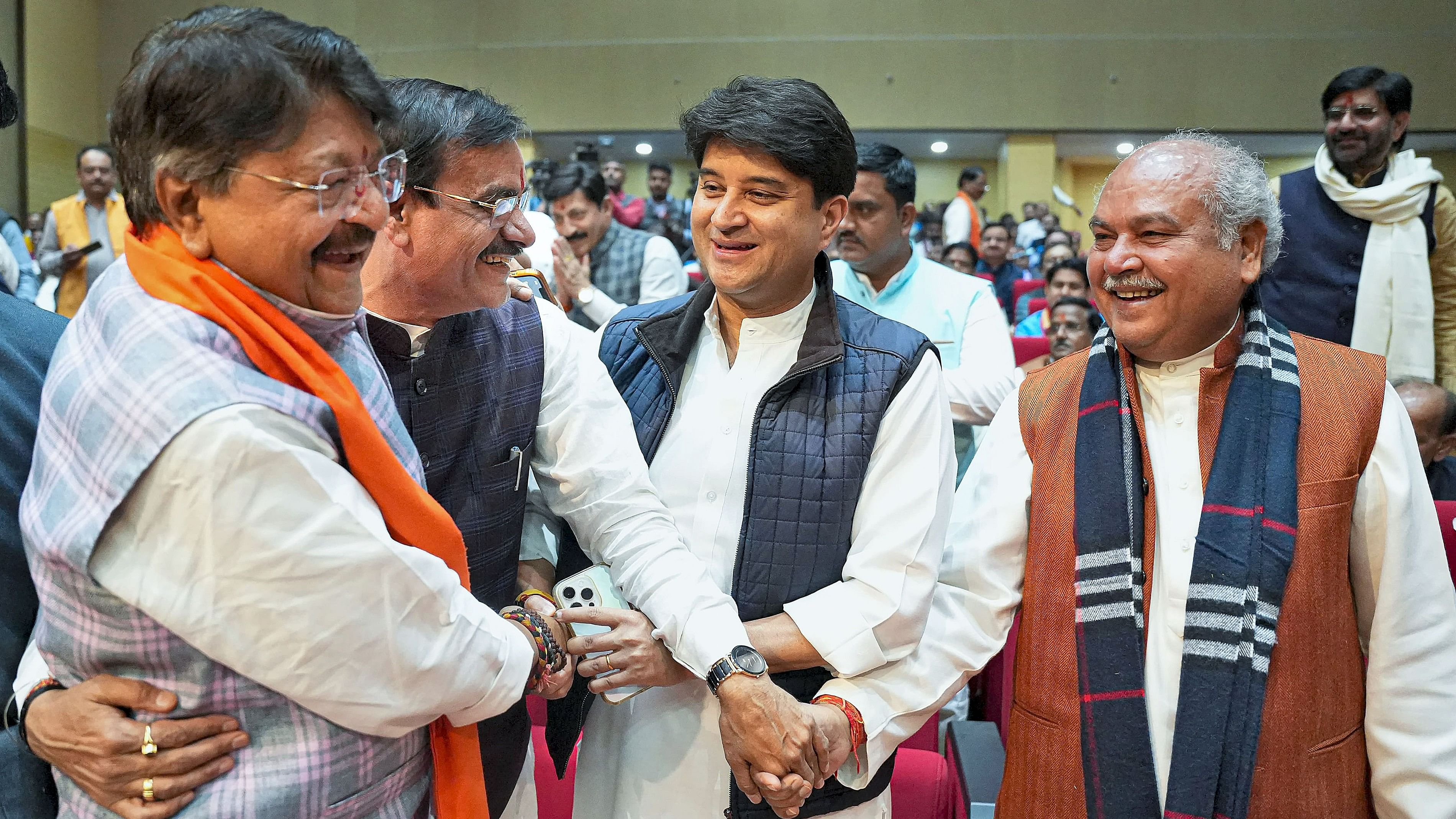 <div class="paragraphs"><p>Madhya Pradesh CM Mohan Yadav and Union Minister Jyotiraditya Scindia during administration of oath to the newly appointed ministers in Bhopal on Monday. </p></div>