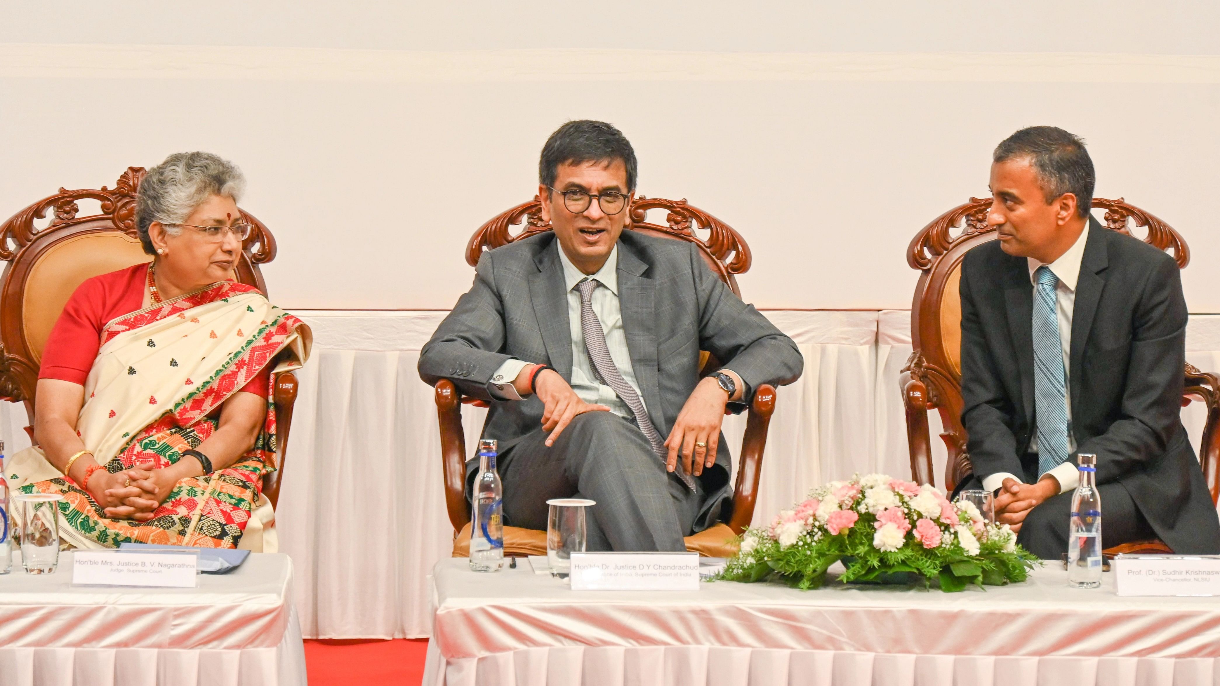 <div class="paragraphs"><p>Chief Justice of India D Y Chandrachud flanked by Supreme Court judge Justice B V Nagarathna and NLSIU Vice Chancellor Prof Sudhir Krishnaswamy at the inaugural Justice E S Venkataramiah Centennial Memorial Lecture at Jnanajyothi auditorium in Bengaluru on Sunday. </p></div>