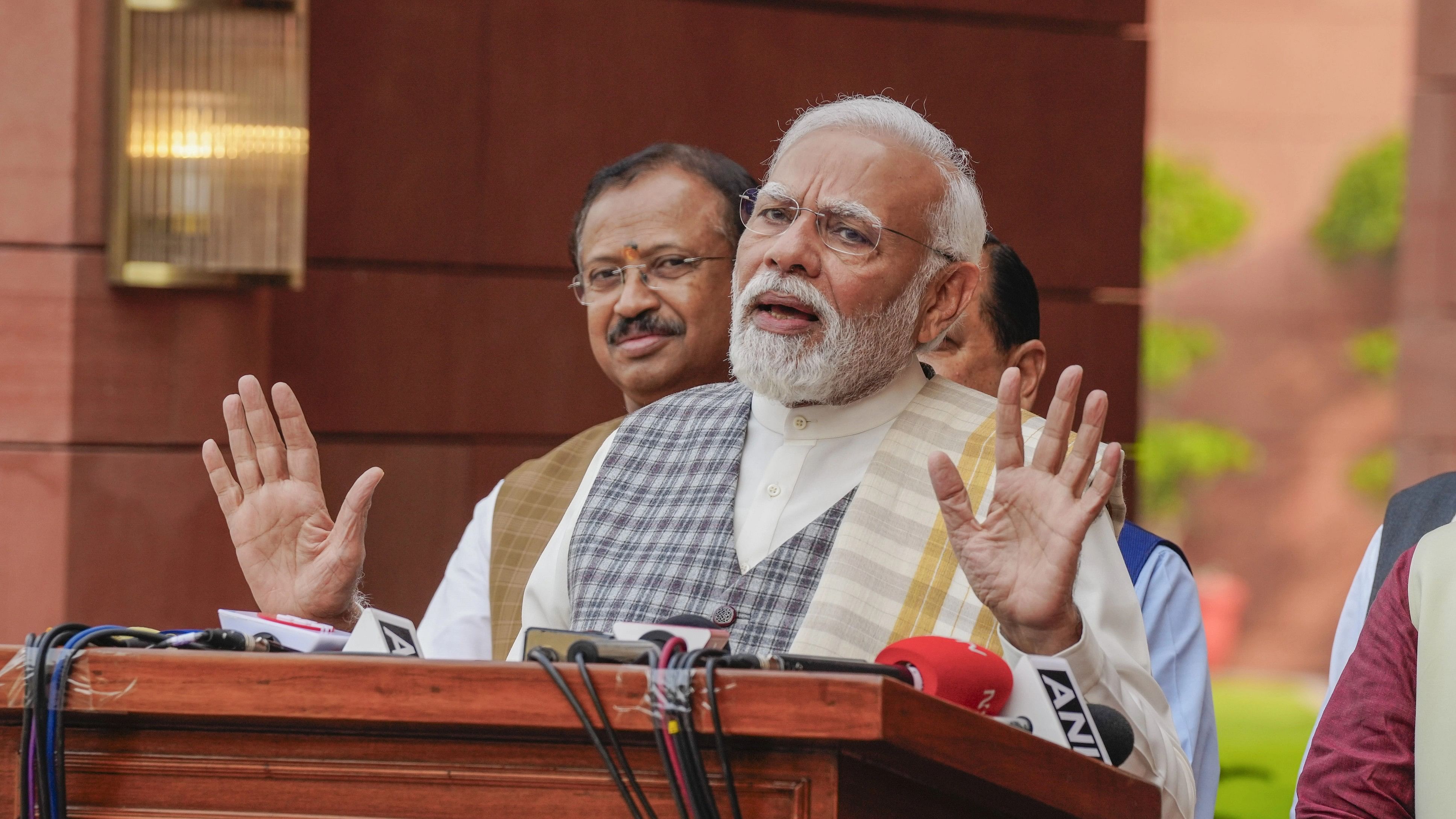 <div class="paragraphs"><p>Prime Minister Narendra Modi addresses the media on the first day of the Winter session of Parliament, in New Delhi, Monday, Dec. 4, 2023.</p></div>