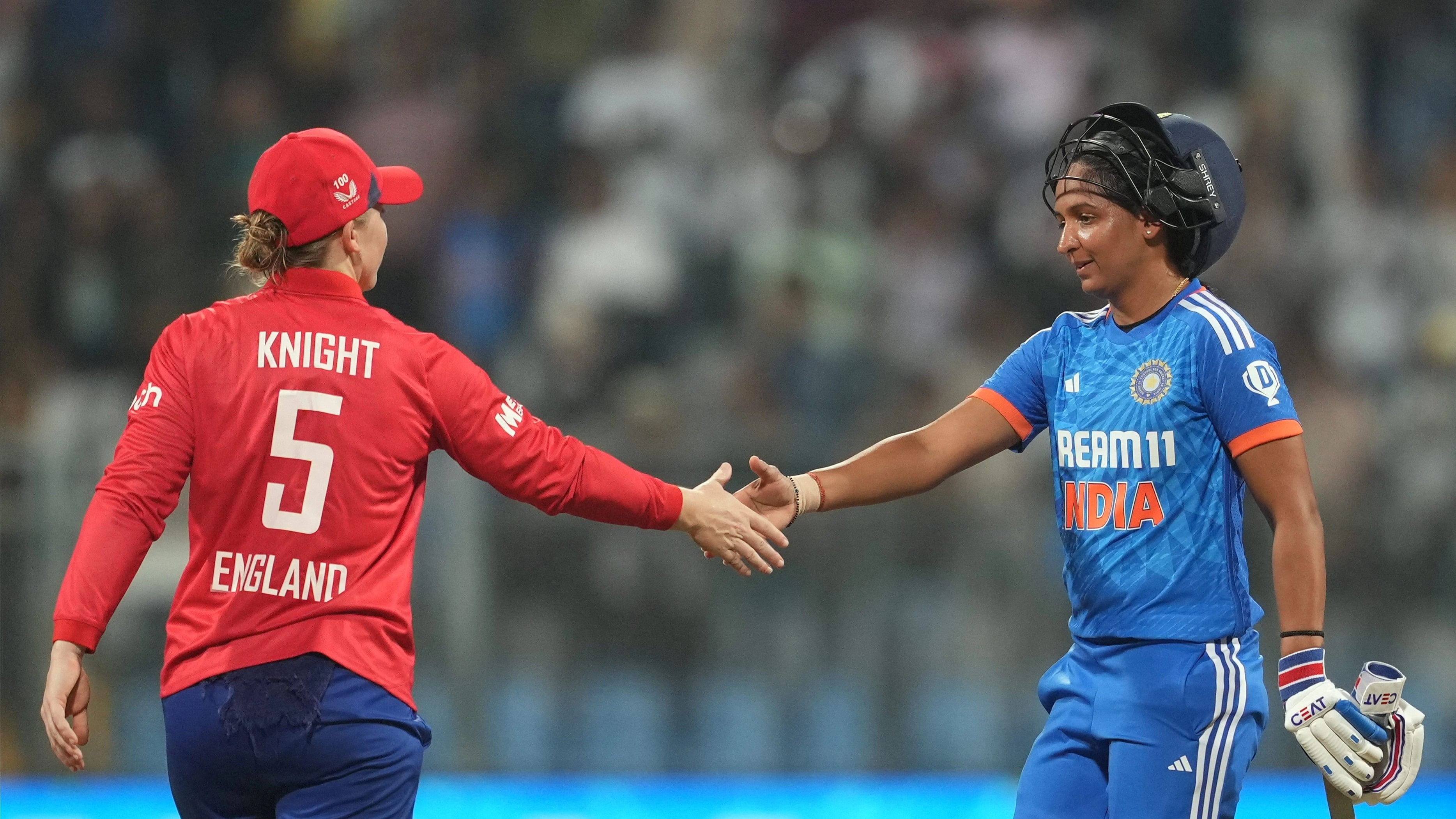 <div class="paragraphs"><p>India's Harmanpreet Kaur and England's Heather Knight greet each other at the end of the 3rd T20I cricket match between India and England, at Wankhede Stadium, in Mumbai. India Women won the match by 5 wickets.</p></div>