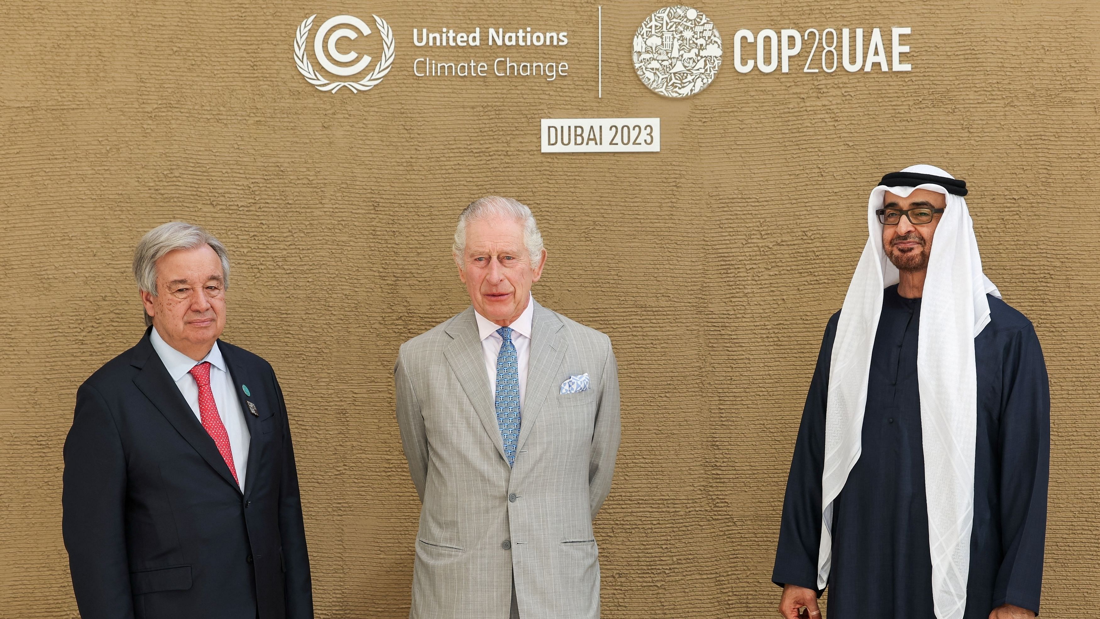 <div class="paragraphs"><p>United Nations Secretary-General Antonio Guterres, Britain's King Charles and President of the United Arab Emirates Sheikh Mohamed bin Zayed Al Nahyan pose during United Nations Climate Change Conference  at Expo City Dubai, in Dubai, United Arab Emirates, December 1, 2023. </p></div>