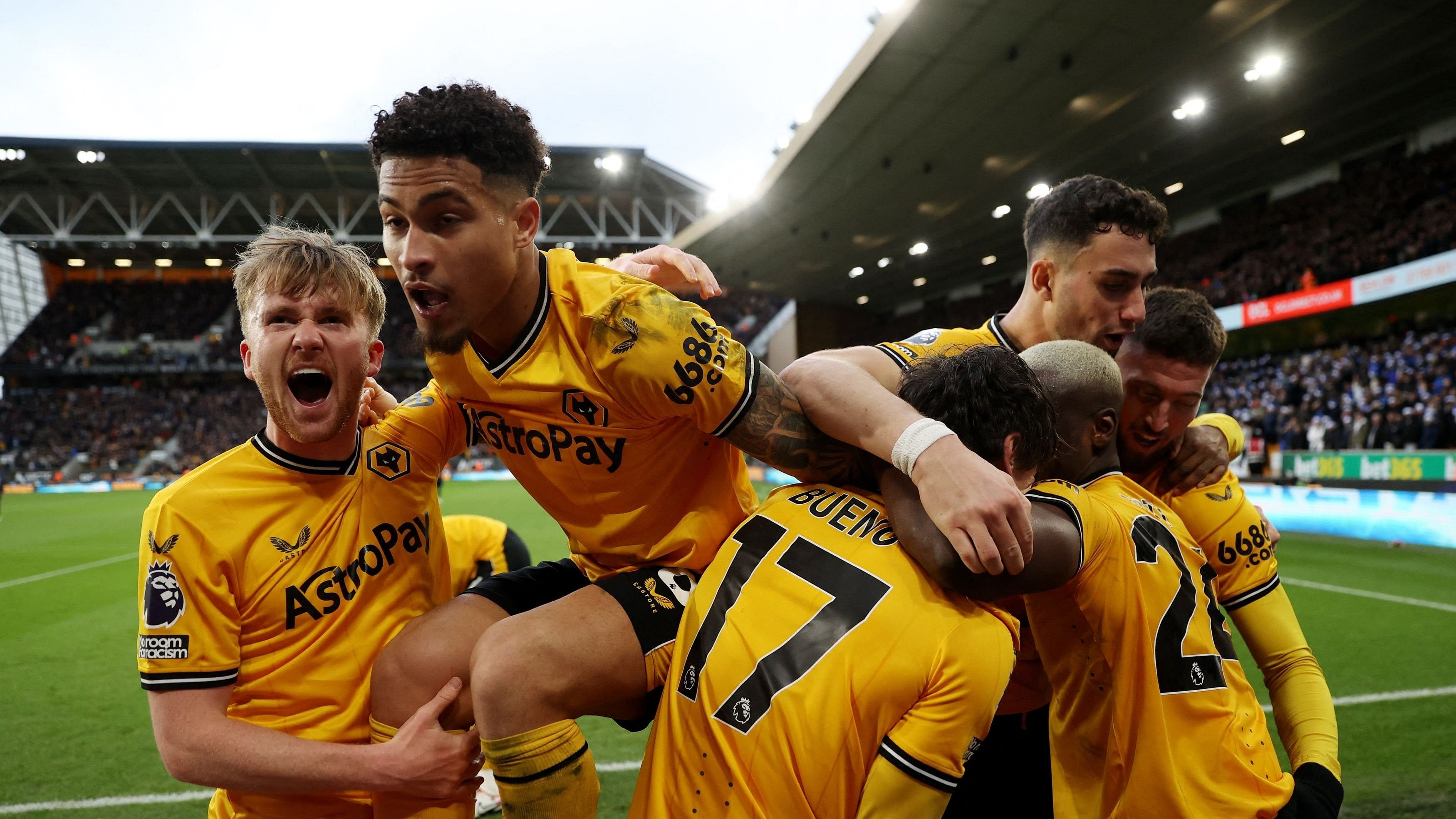 <div class="paragraphs"><p> Wolverhampton Wanderers' Matt Doherty celebrates scoring their second goal with Joao Gomes, Tommy Doyle and teammates </p></div>