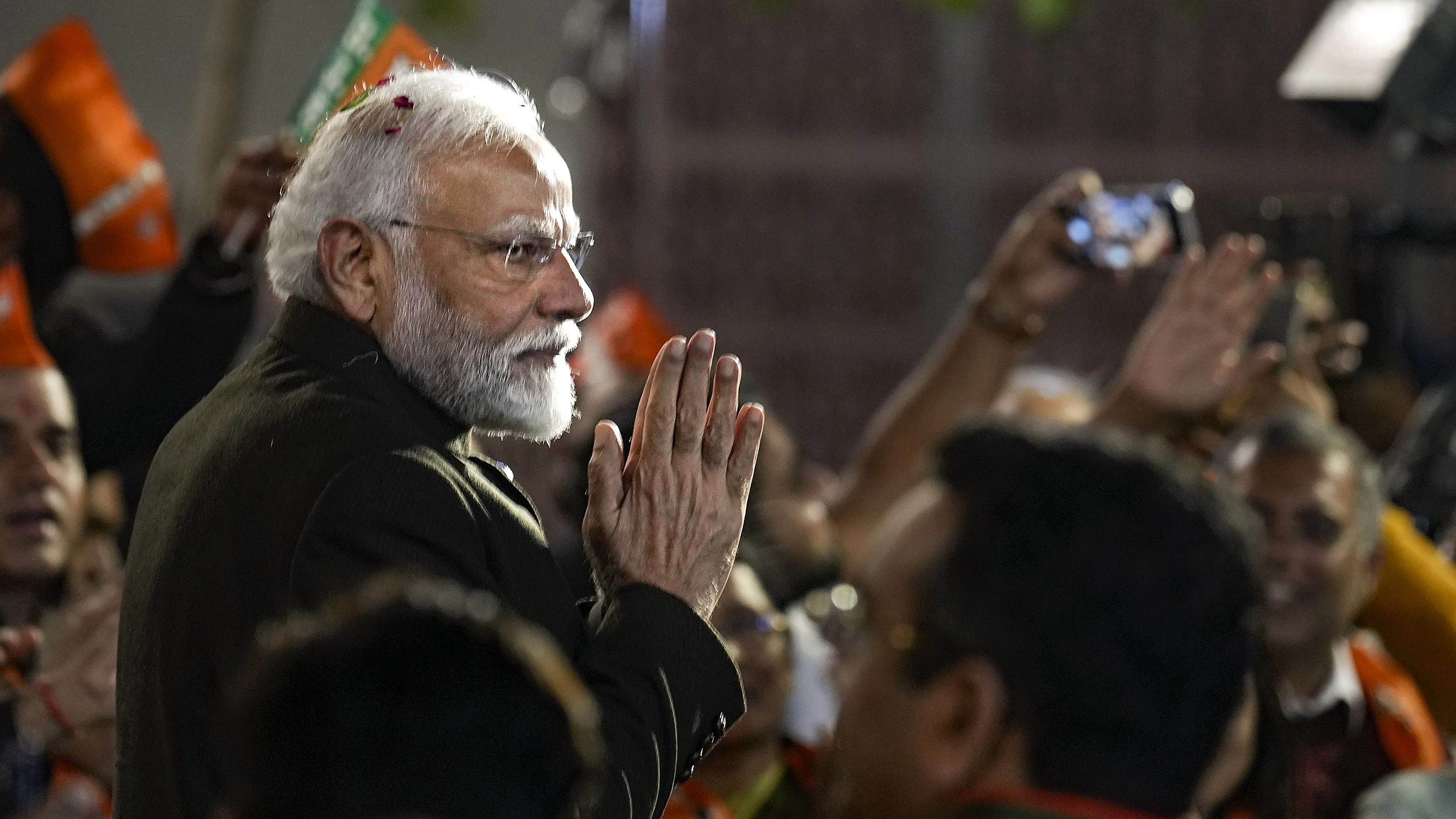 <div class="paragraphs"><p>Prime Minister and senior BJP leader Narendra Modi arrives to attend the celebrations after party's victory in elections to the Legislative Assemblies of Madhya Pradesh, Rajasthan and Chhattisgarh, at BJP headquarters, in New Delhi, Sunday, Dec. 3, 2023. </p></div>