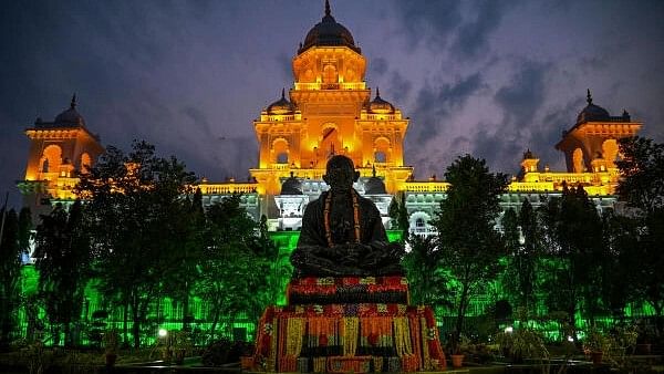 <div class="paragraphs"><p>Telangana Assembly building illuminated in tricolour ahead of the Assembly session, in Hyderabad, December 8, 2023.</p></div>