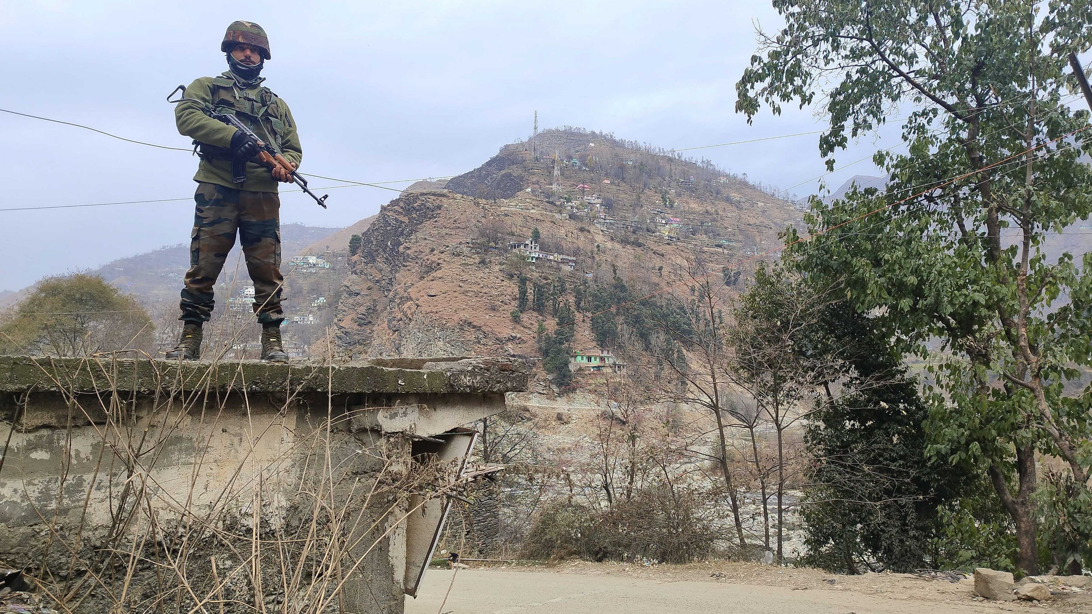 <div class="paragraphs"><p>An Army personnel during a cordon and search operation after the recent ambush on two Army vehicles that left five soldiers dead, in Poonch district.&nbsp;</p></div>