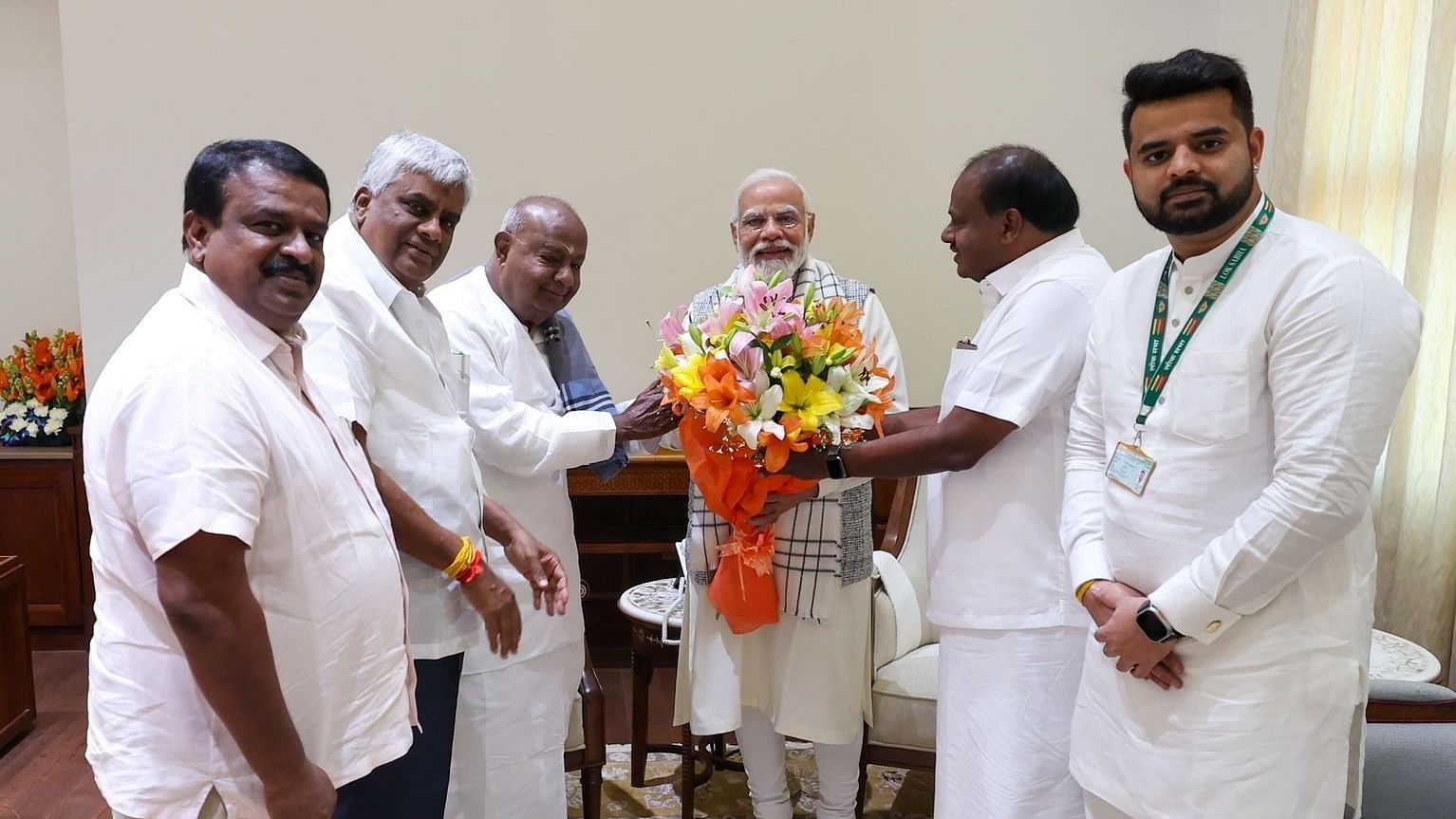 JD(S) national president H D Deve Gowda calls on Prime Minister Narendra Modi in New Delhi on Thursday. Party leaders H D Kumaraswamy, H D Revanna, legislator C N Balakrishna and Hassan MP Prajwal Revanna are with him. 