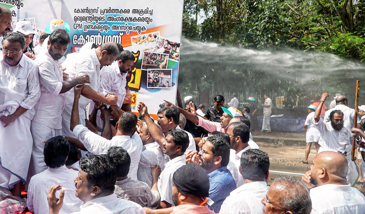 <div class="paragraphs"><p>Police use water cannons to disperse Indian Youth Congress (IYC) workers during a protest march, in Thiruvananthapuram, Saturday, Dec. 23, 2023</p></div>