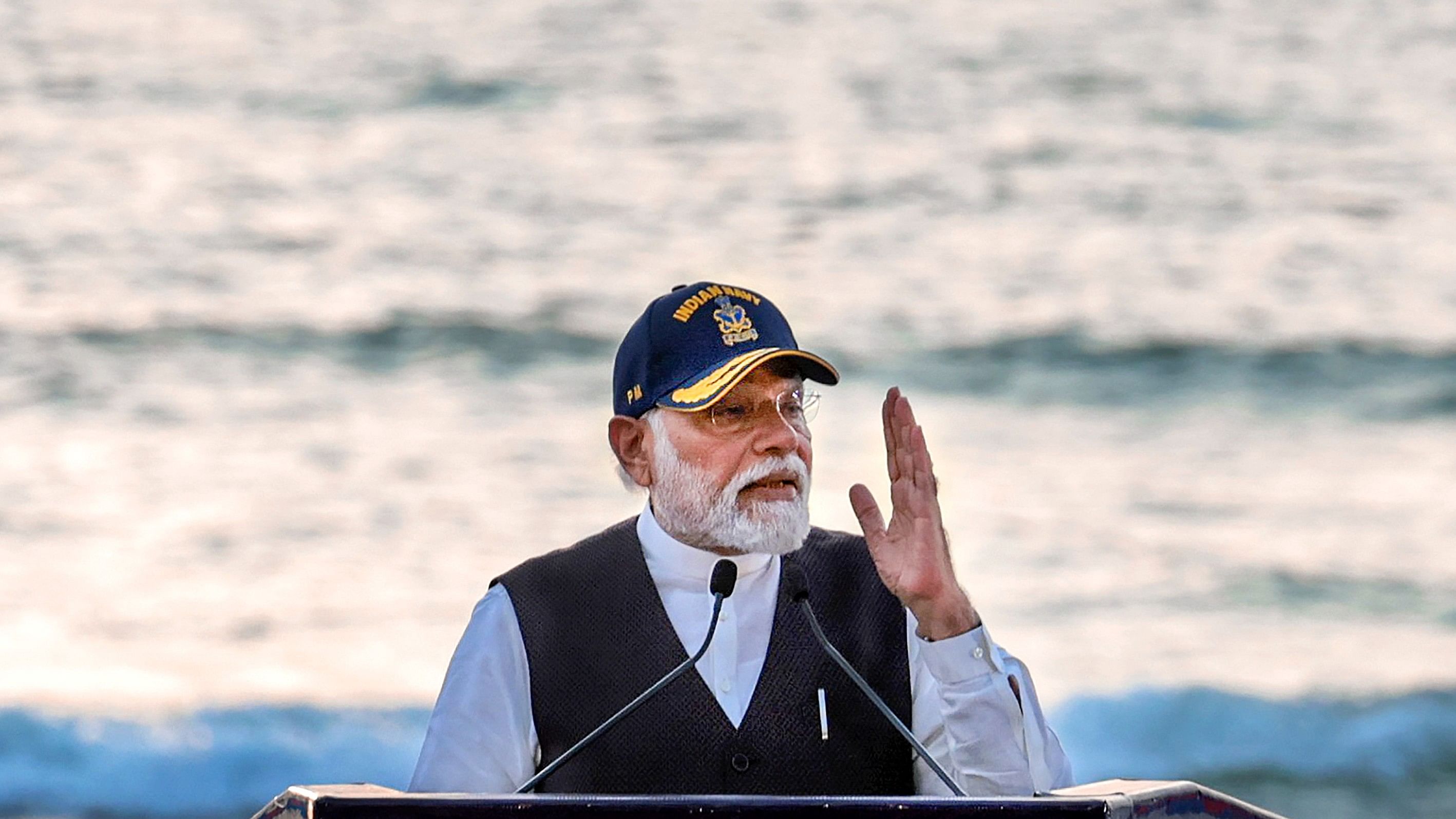 <div class="paragraphs"><p>Prime Minister Narendra Modi addresses during the ‘Navy Day 2023’ celebrations, in Sindhudurg district, Monday, Dec. 4, 2023.</p></div>