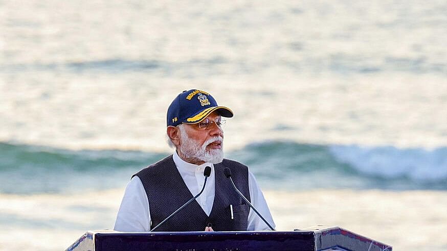 <div class="paragraphs"><p>Prime Minister Narendra Modi addresses during the ‘Navy Day 2023’ celebrations, in Sindhudurg district.</p></div>