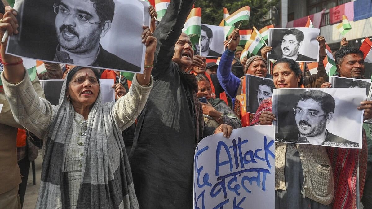 <div class="paragraphs"><p>Shiv Sena Dogra Front members protest against the terrorist attack yesterday in which five Army personnel were killed in Poonch, in Jammu, Friday, Dec. 22, 2023.</p></div>