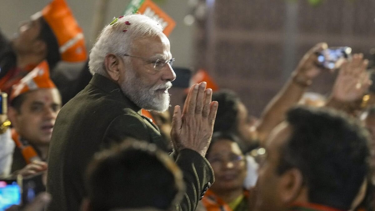 <div class="paragraphs"><p>PM Modi  arrives to attend celebrations at the BJP headquarters after party's victory in elections to the Legislative Assemblies of Madhya Pradesh, Rajasthan and Chhattisgarh in New Delhi.&nbsp;</p></div>