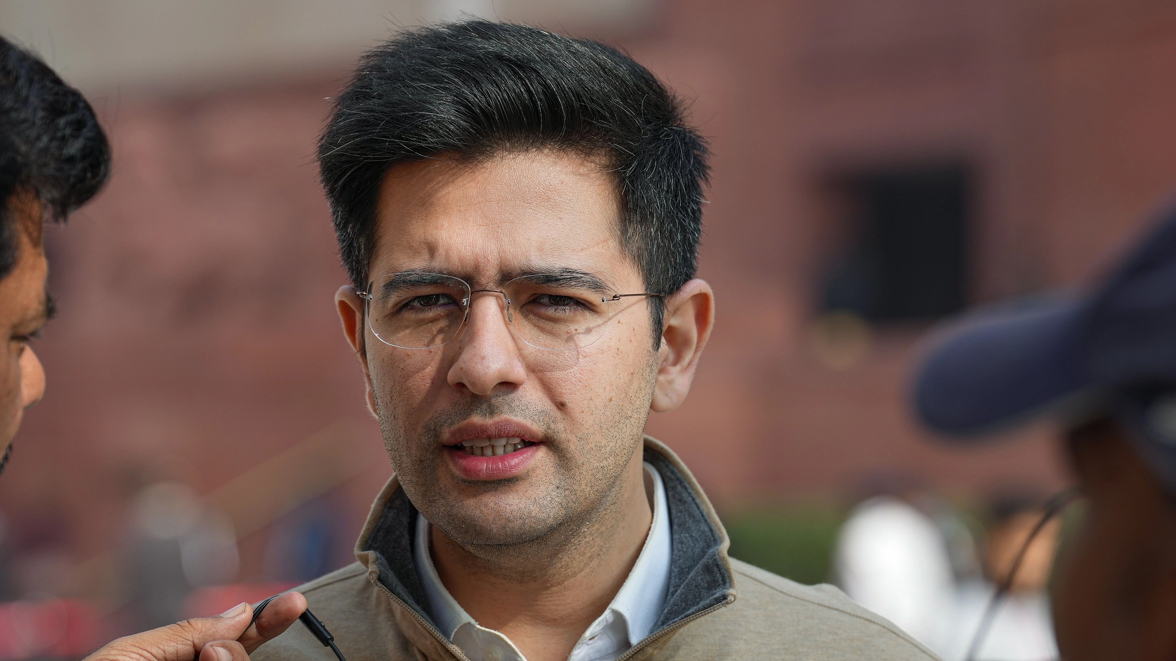 <div class="paragraphs"><p>AAP MP Raghav Chadha speaks with the media during the Winter session of Parliament, in New Delhi, Friday, Dec. 15, 2023.</p></div>