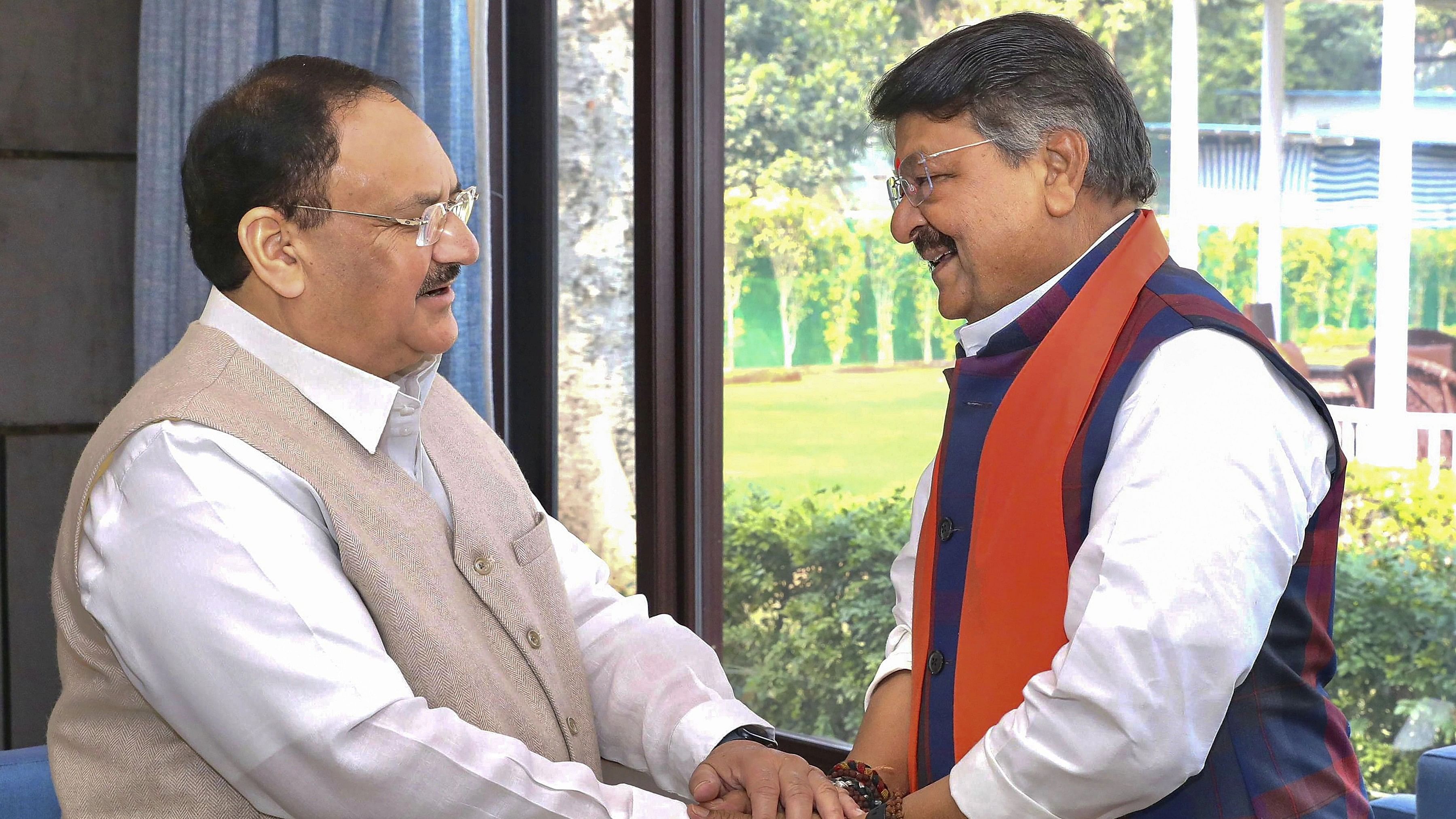 <div class="paragraphs"><p> Kailash Vijayvargiya submitted his resignation as BJP general secretary to Nadda in New Delhi, on Thursday, Dec 28, 2023 after swearing-in as a minister in Madhya Pradesh cabinet</p></div>