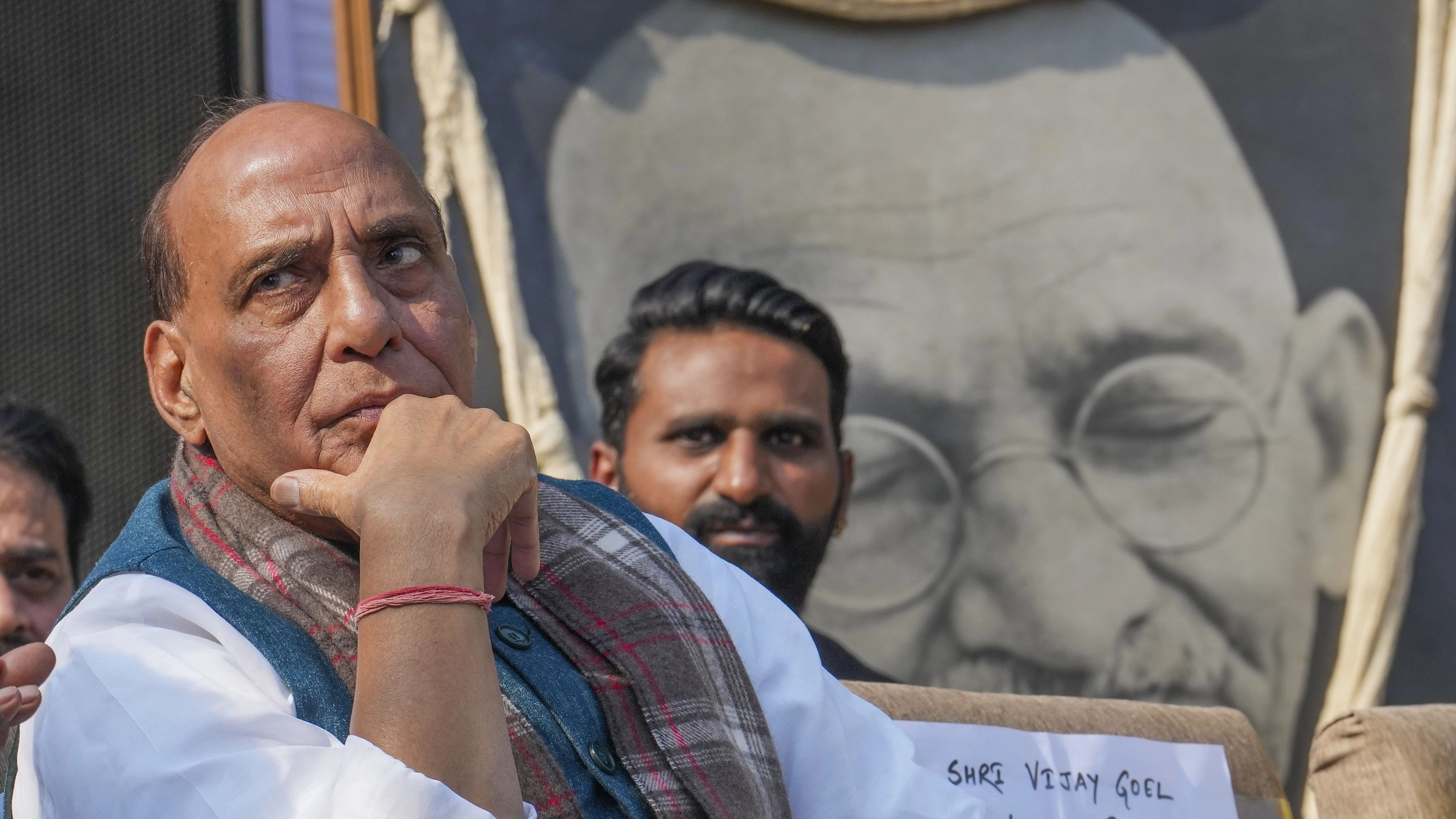 <div class="paragraphs"><p>New Delhi: Defence Minister Rajnath Singh speaks during 'Dalit Samman Samaroh' and unveiling ceremony of a statue of Mahatma Gandhi at Gandhi Darshan, in New Delhi.</p></div>