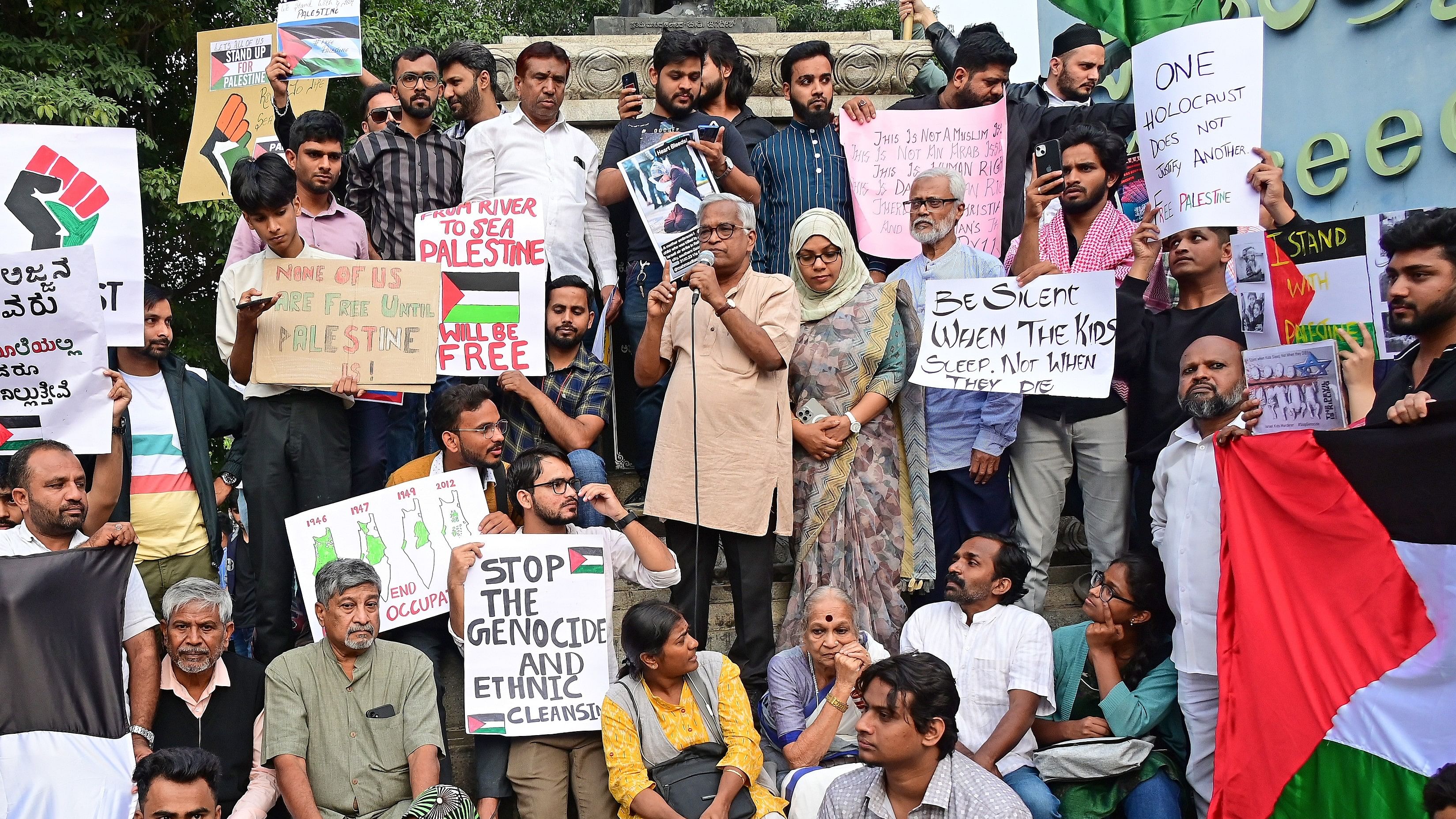 <div class="paragraphs"><p>Protesters at the pro-Palestine demonstration at Freedom Park on Saturday. </p></div>