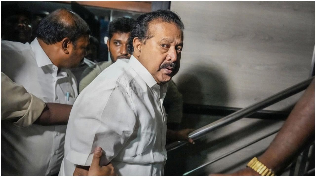 <div class="paragraphs"><p>In this file photo, ED officials take Tamil Nadu Higher Education Minister K Ponmudy for enquiry after day-long searches at his premises in connection with a money laundering case in Chennai. </p></div>